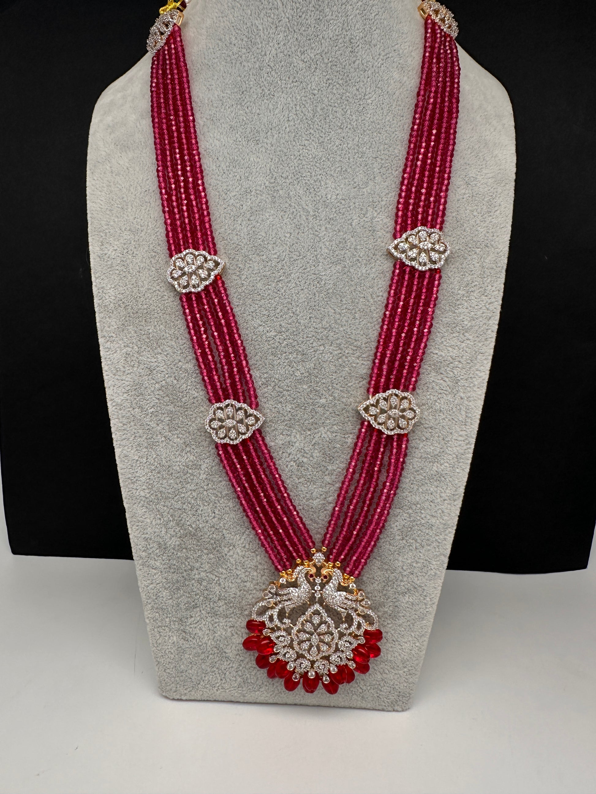 CZ Beads Birdie Long Color Stone Necklace - Red