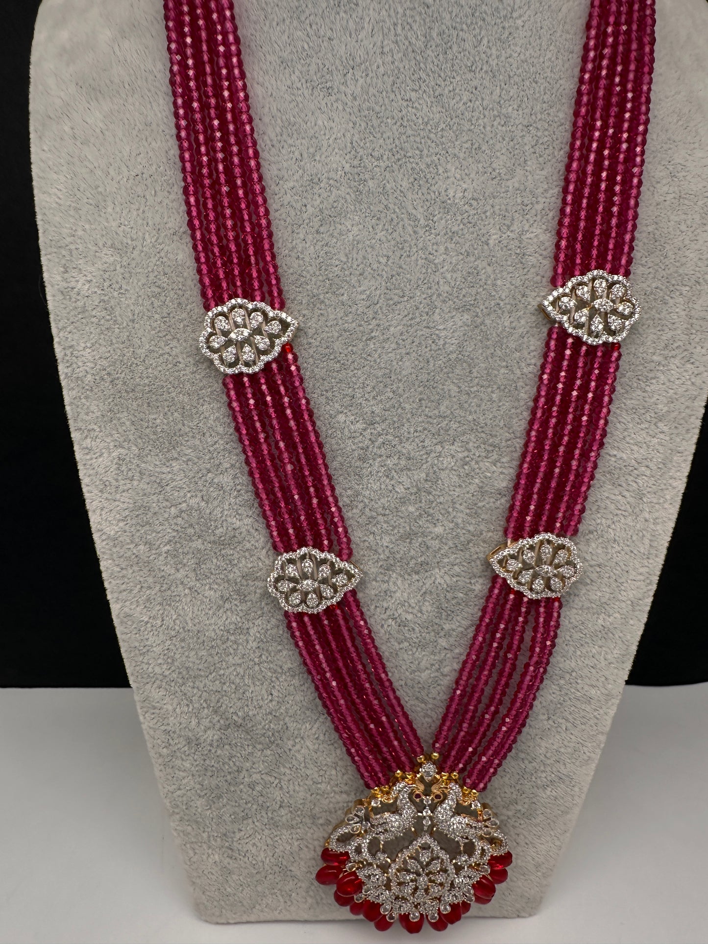 CZ Beads Birdie Long Color Stone Necklace - Red