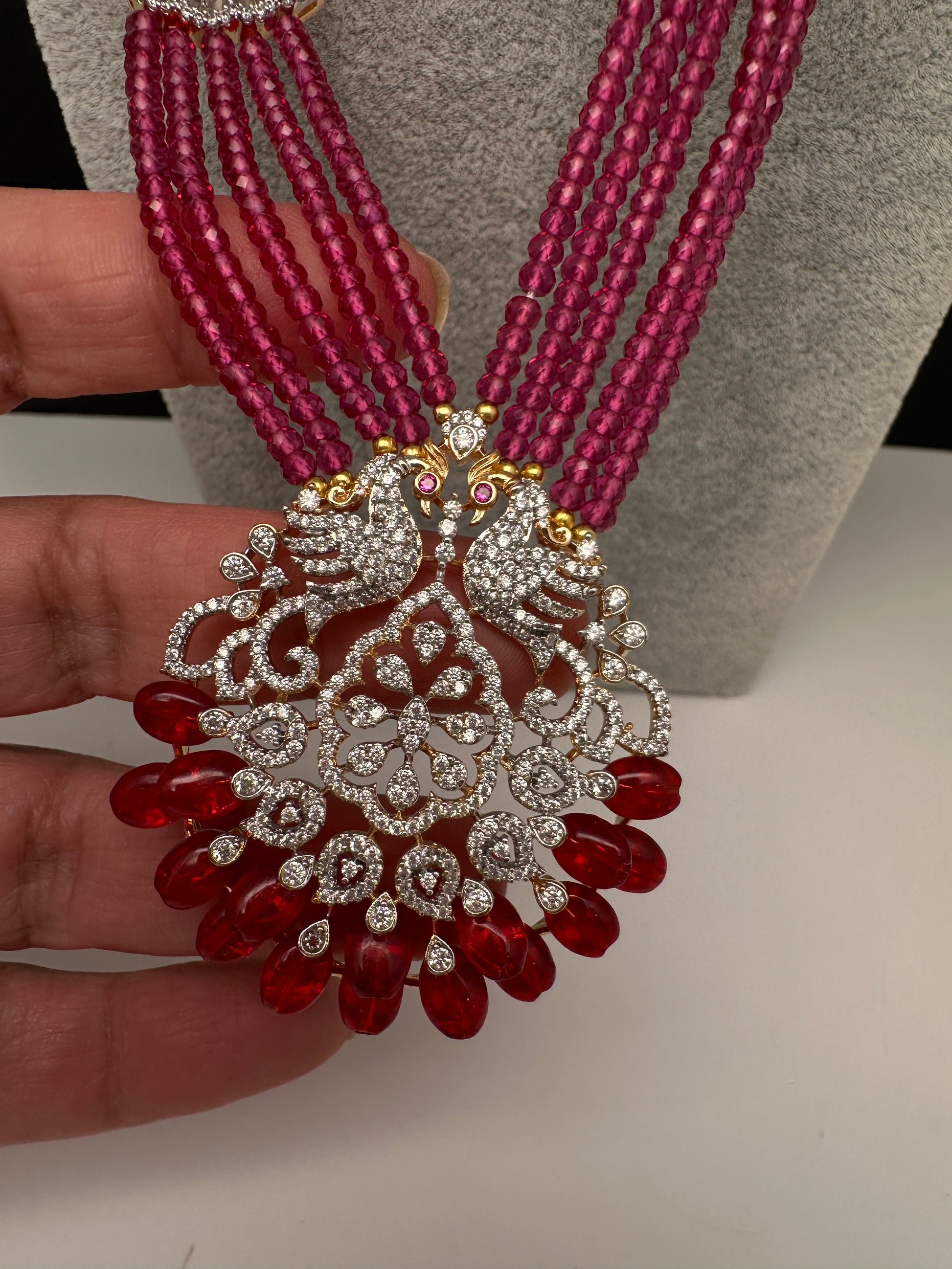 CZ Beads Birdie Long Color Stone Necklace - Red