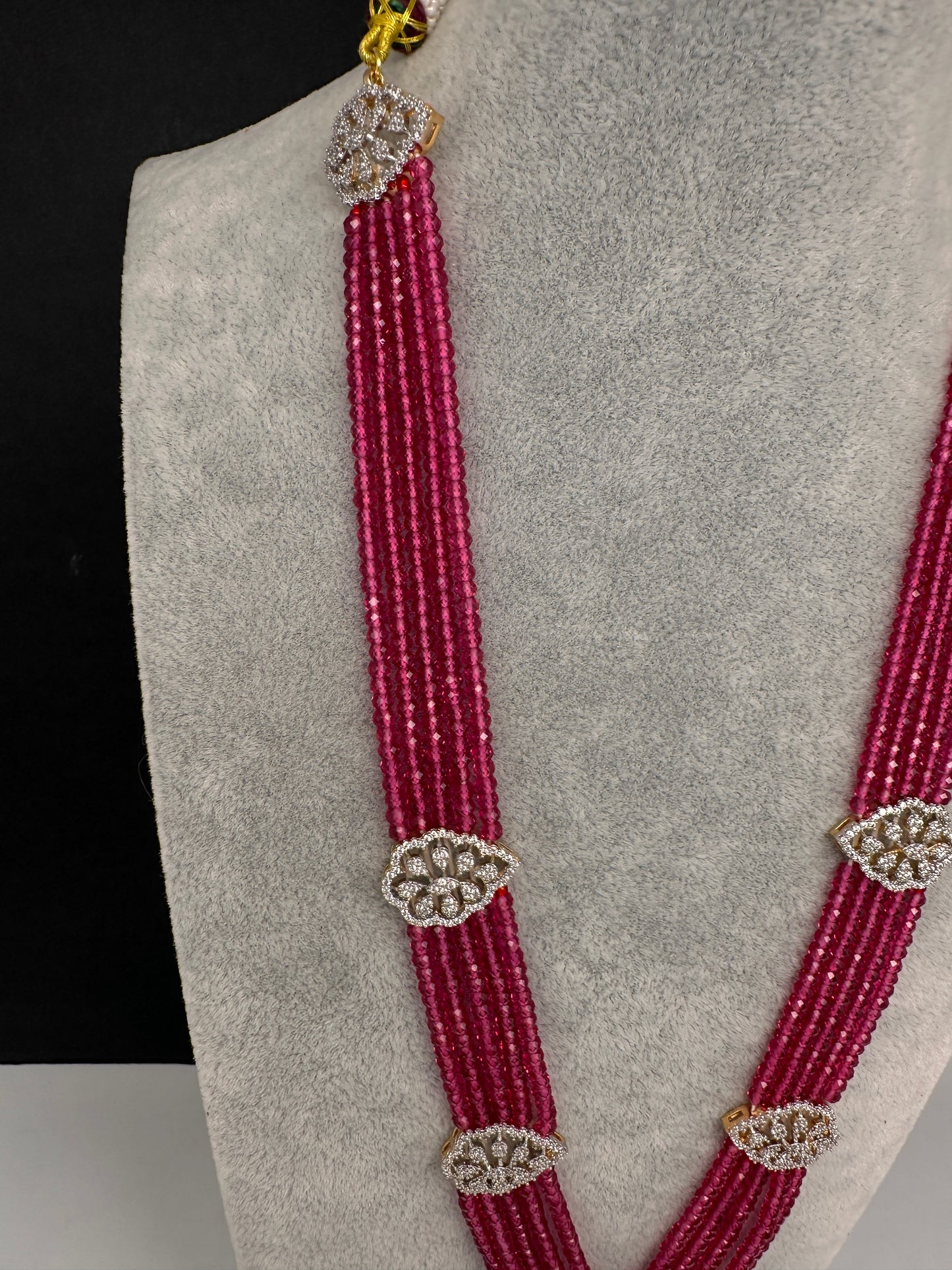 CZ Beads Birdie Long Color Stone Necklace - Red