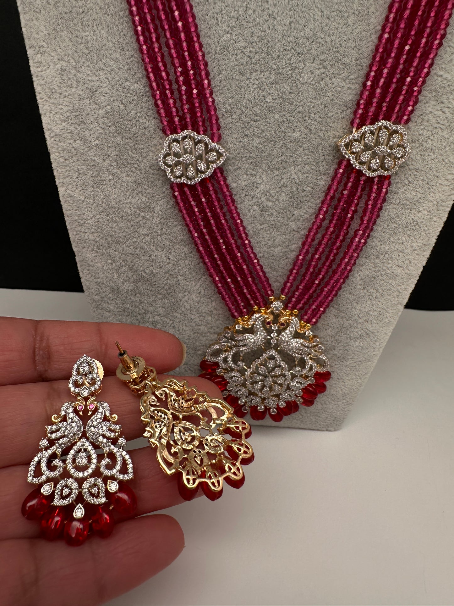 CZ Beads Birdie Long Color Stone Necklace - Red