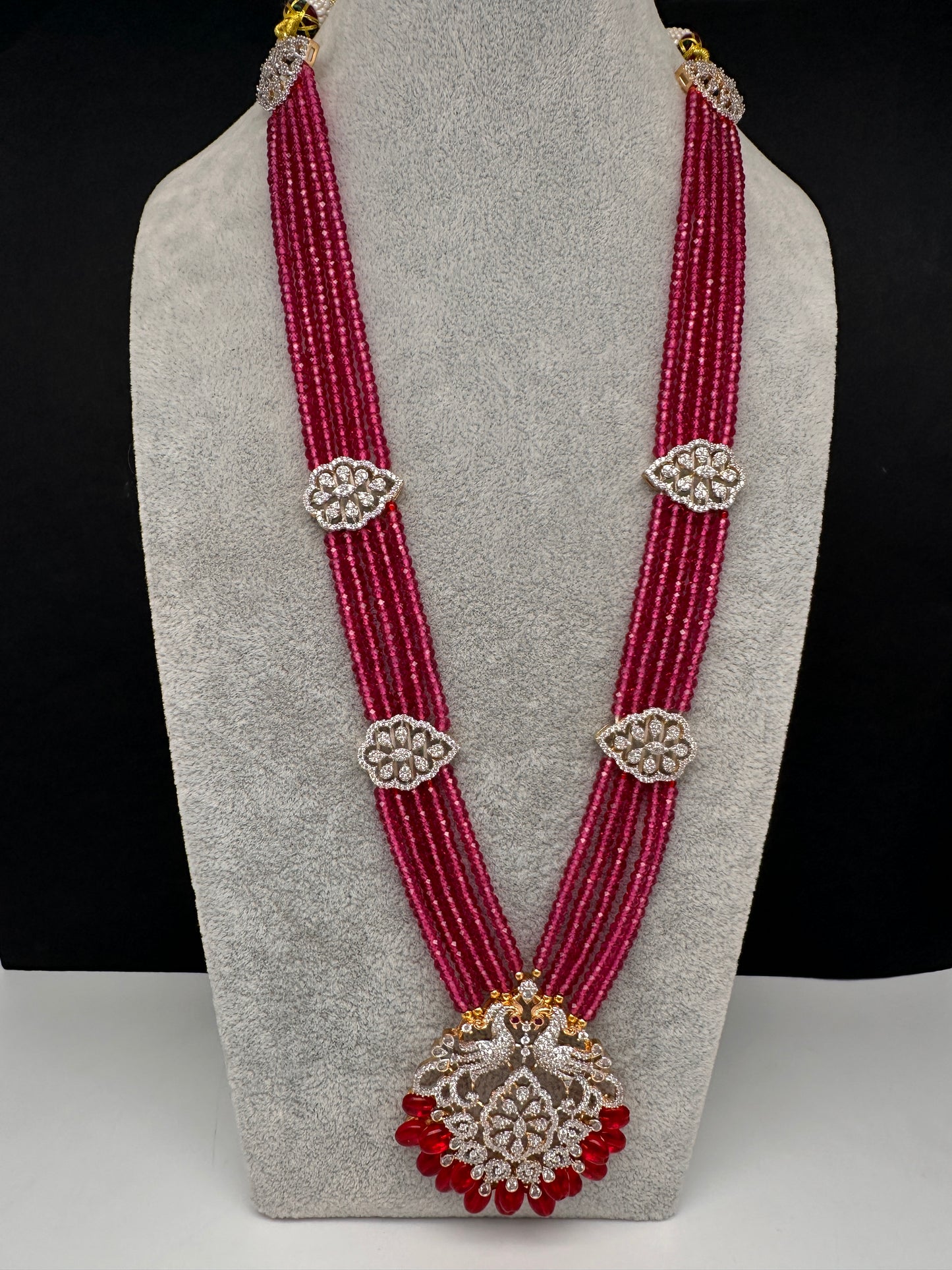 CZ Beads Birdie Long Color Stone Necklace - Red