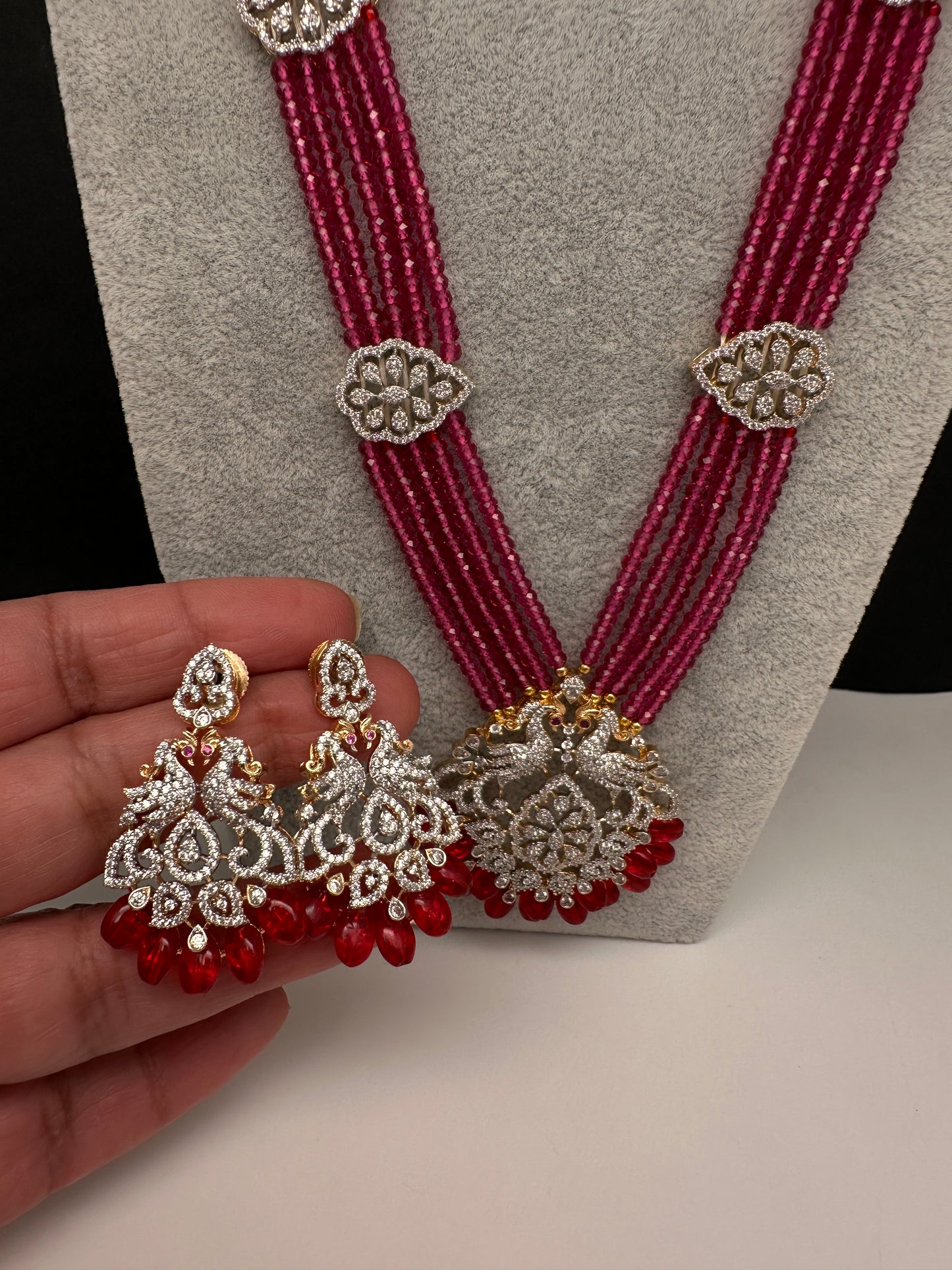 CZ Beads Birdie Long Color Stone Necklace - Red