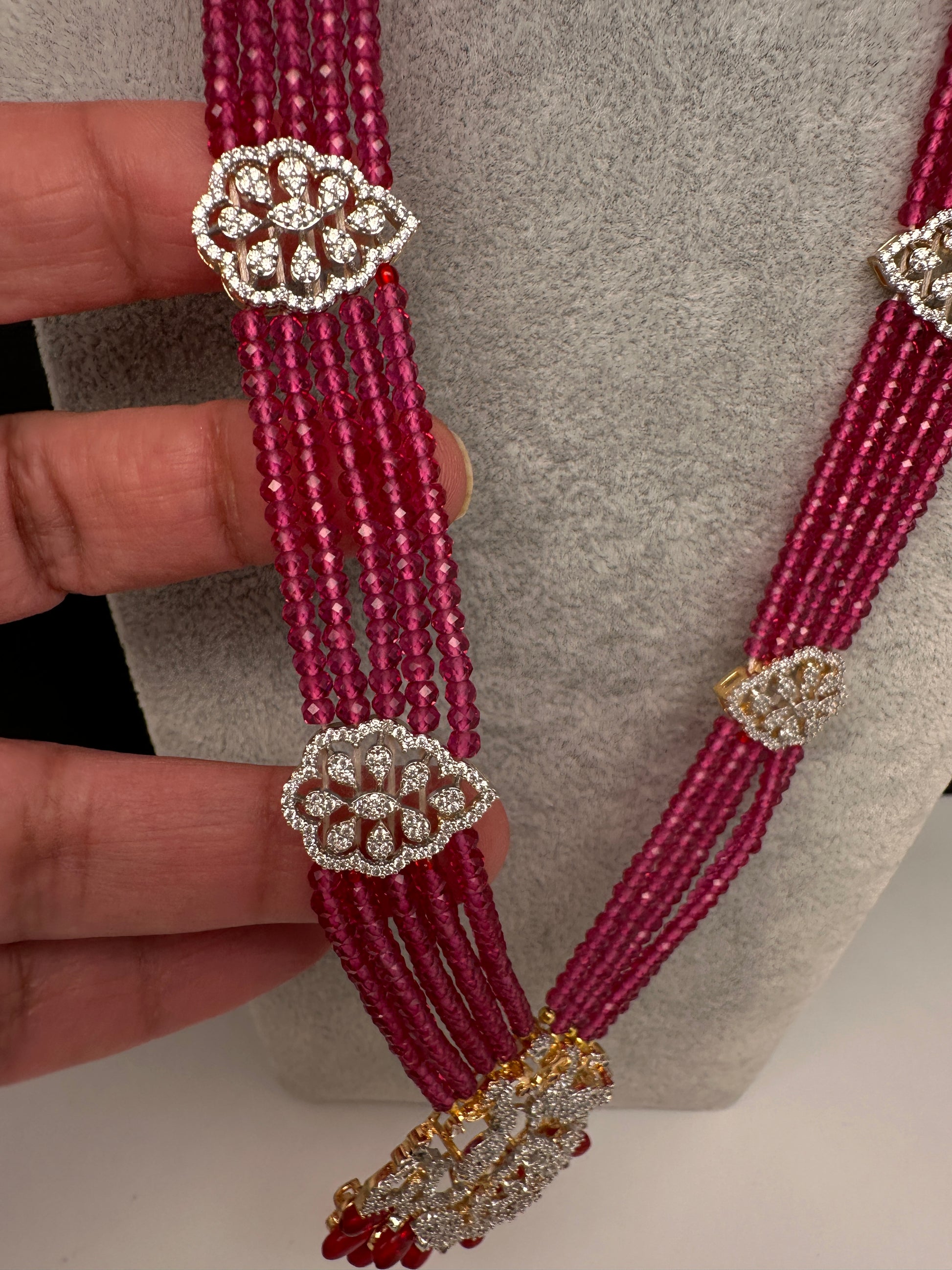 CZ Beads Birdie Long Color Stone Necklace - Red