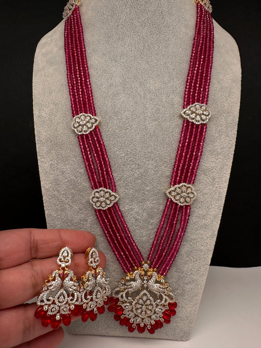 CZ Beads Birdie Long Color Stone Necklace - Red