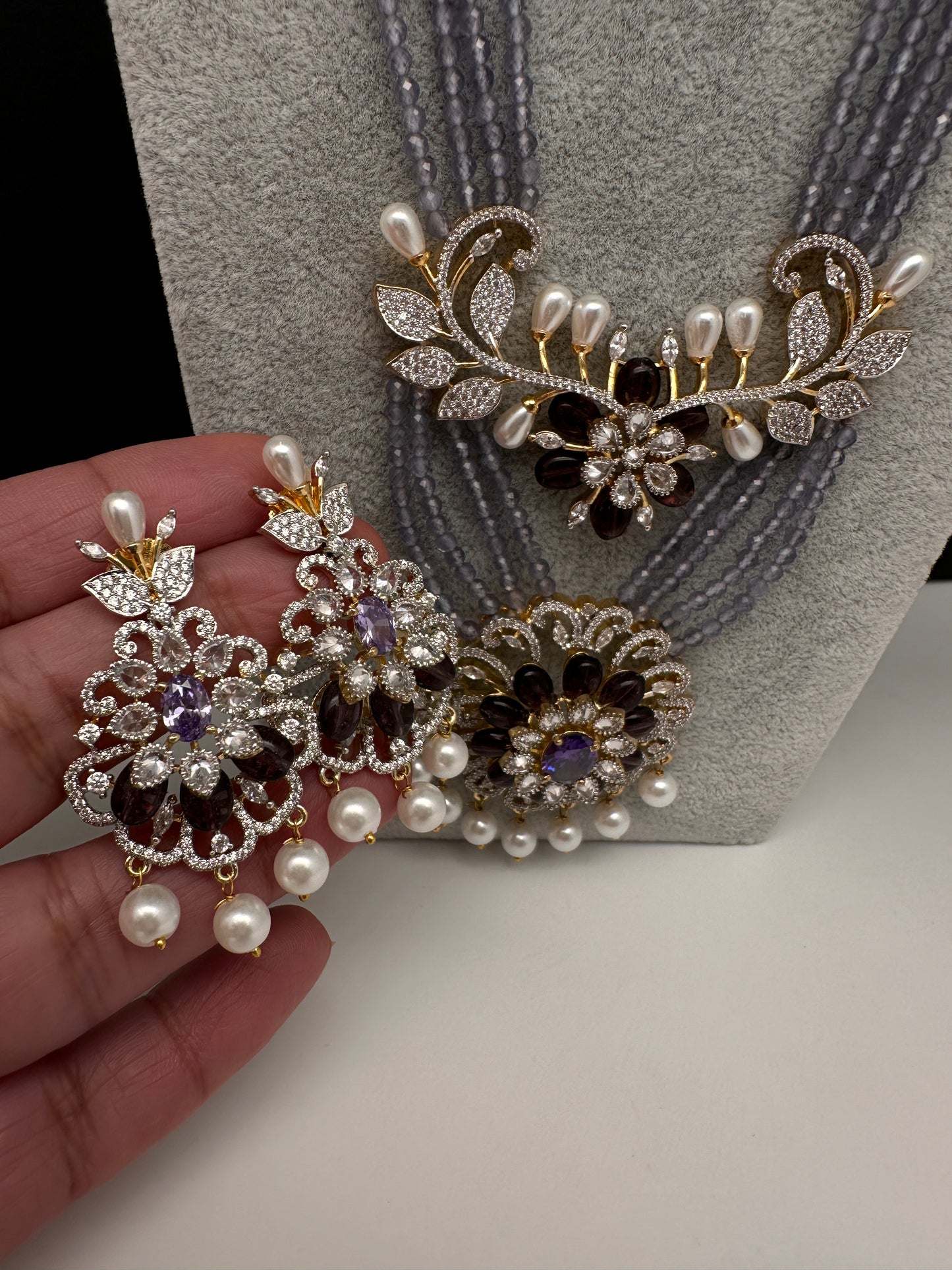 CZ Floral Lavender Purple Beads Necklace - 