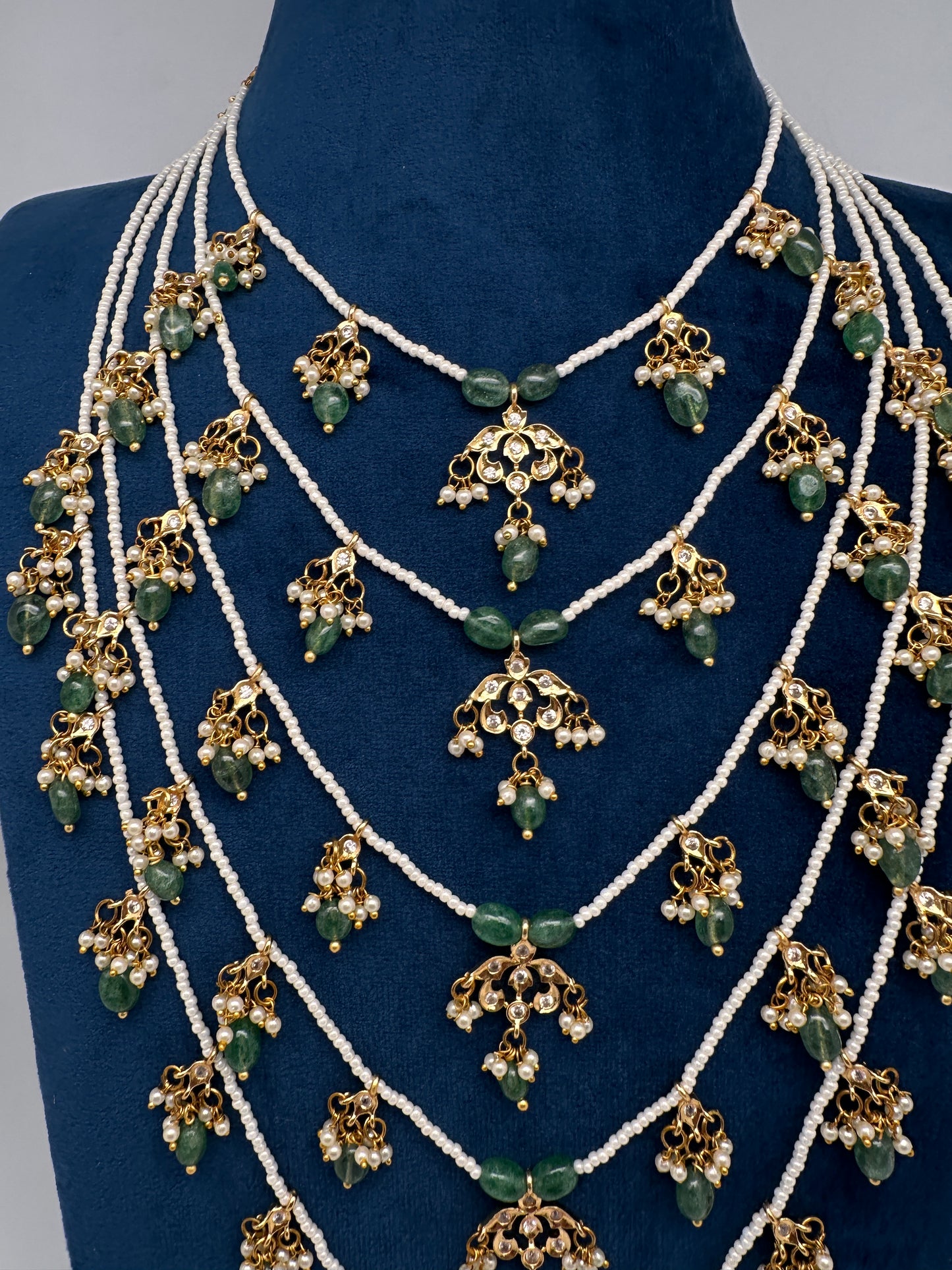 Panch Lada Pearls and Emerald Beads Long Necklace - 