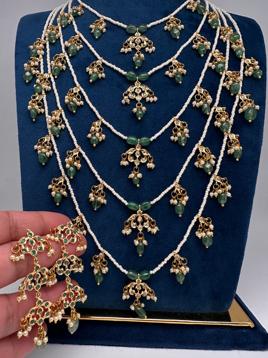 Panch Lada Pearls and Emerald Beads Long Necklace - 