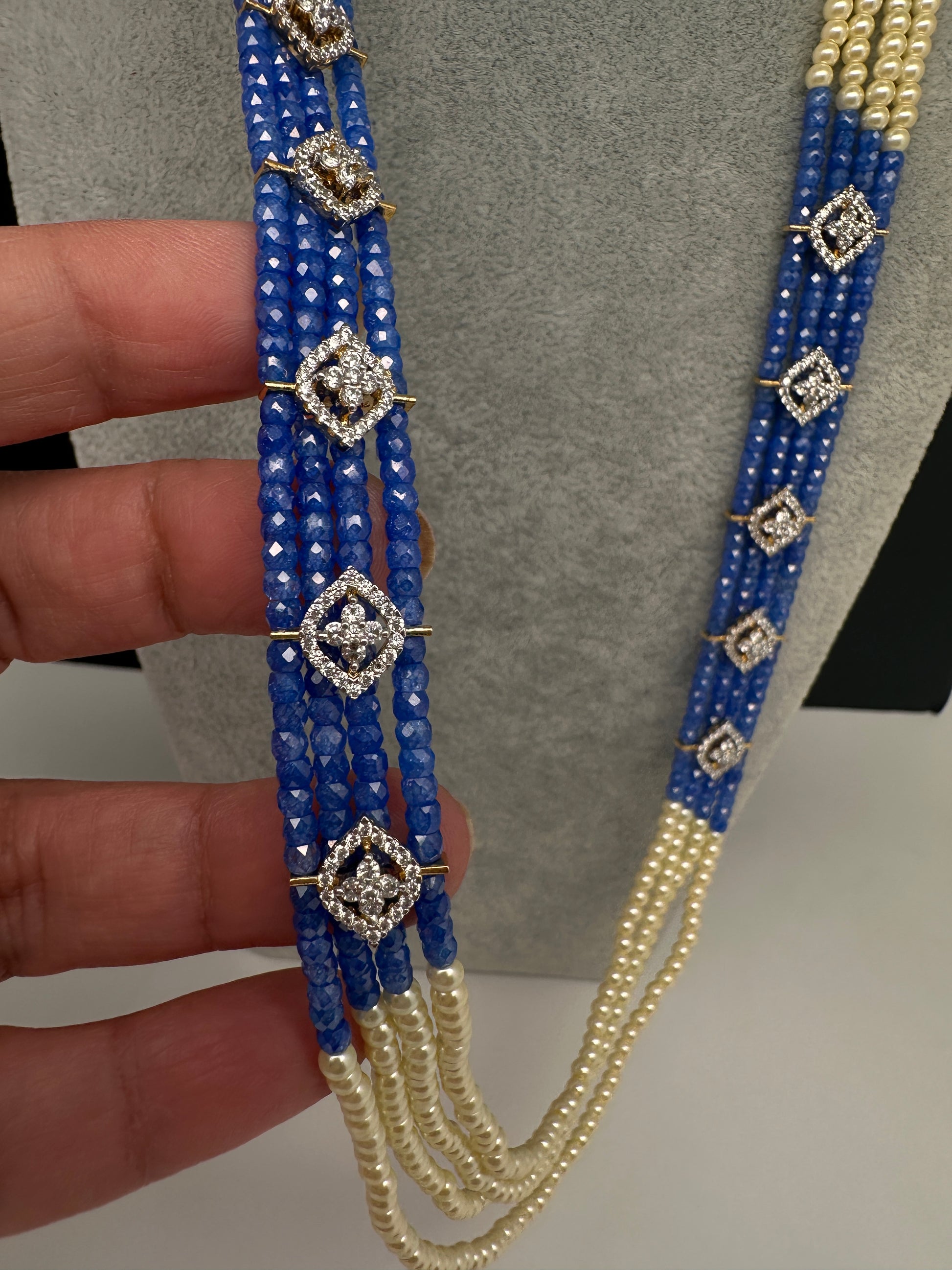 CZ Pearls Beads Long Necklace - Blue