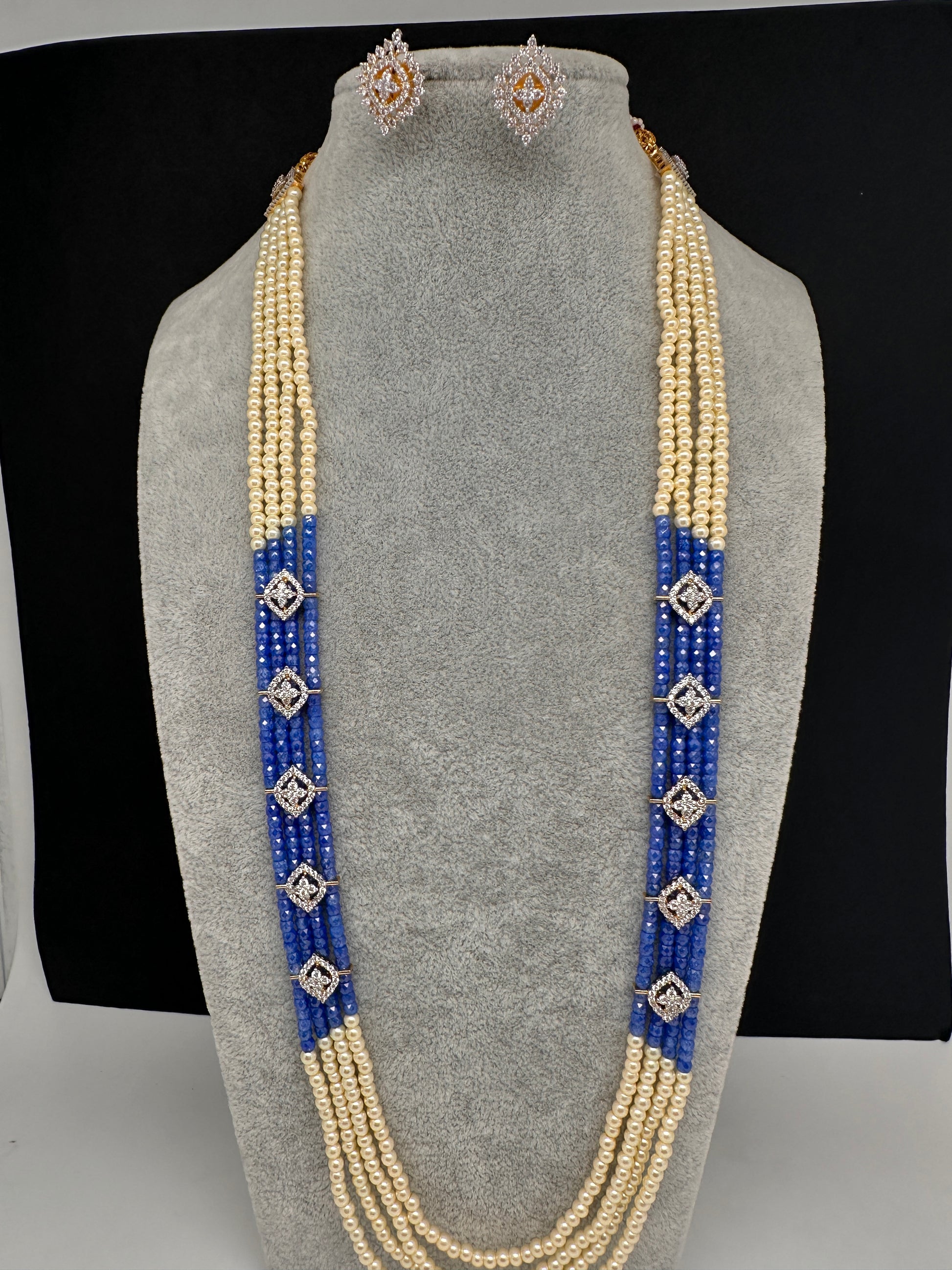 CZ Pearls Beads Long Necklace - Blue