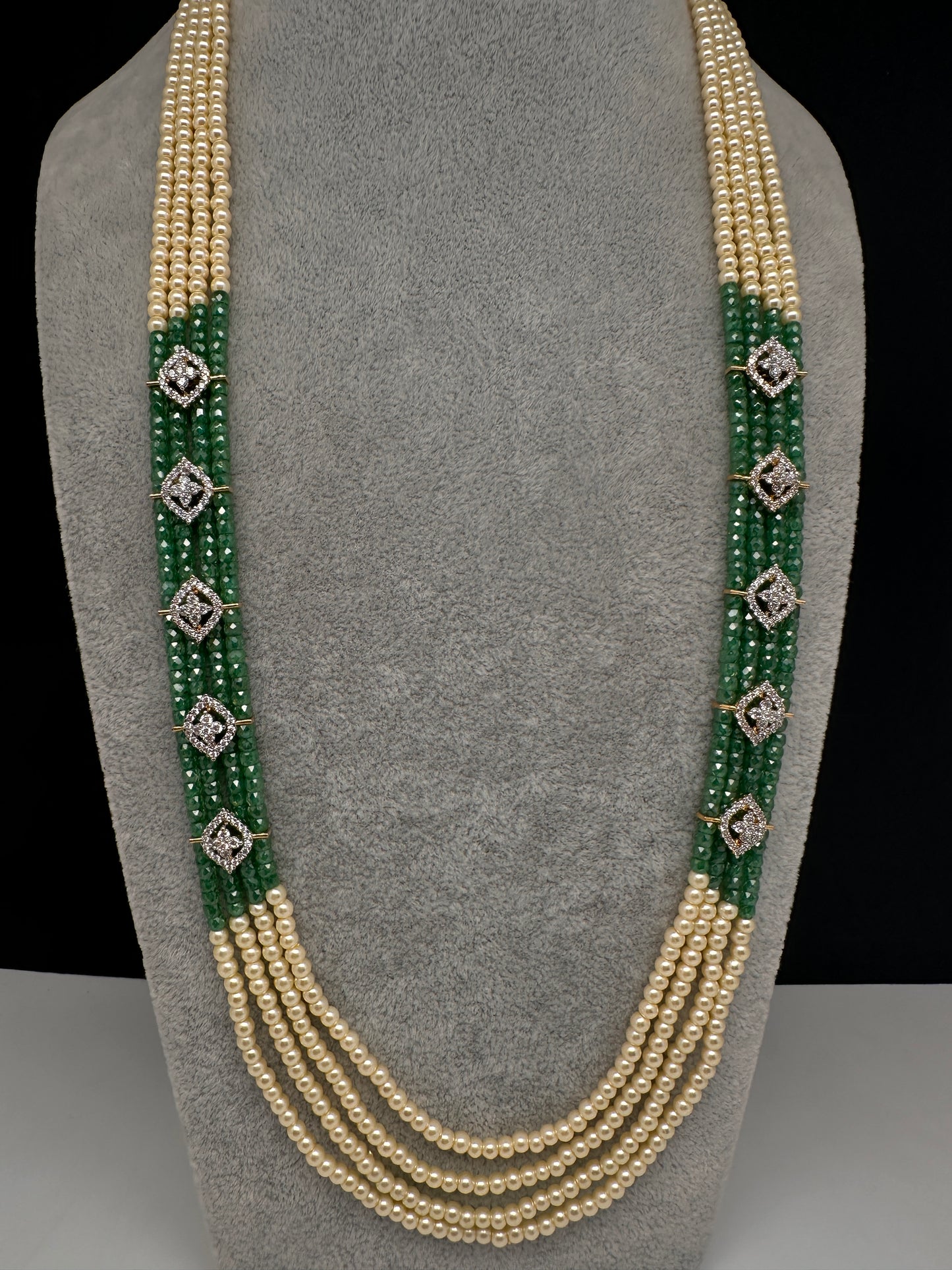 CZ Pearls Beads Long Necklace - Green