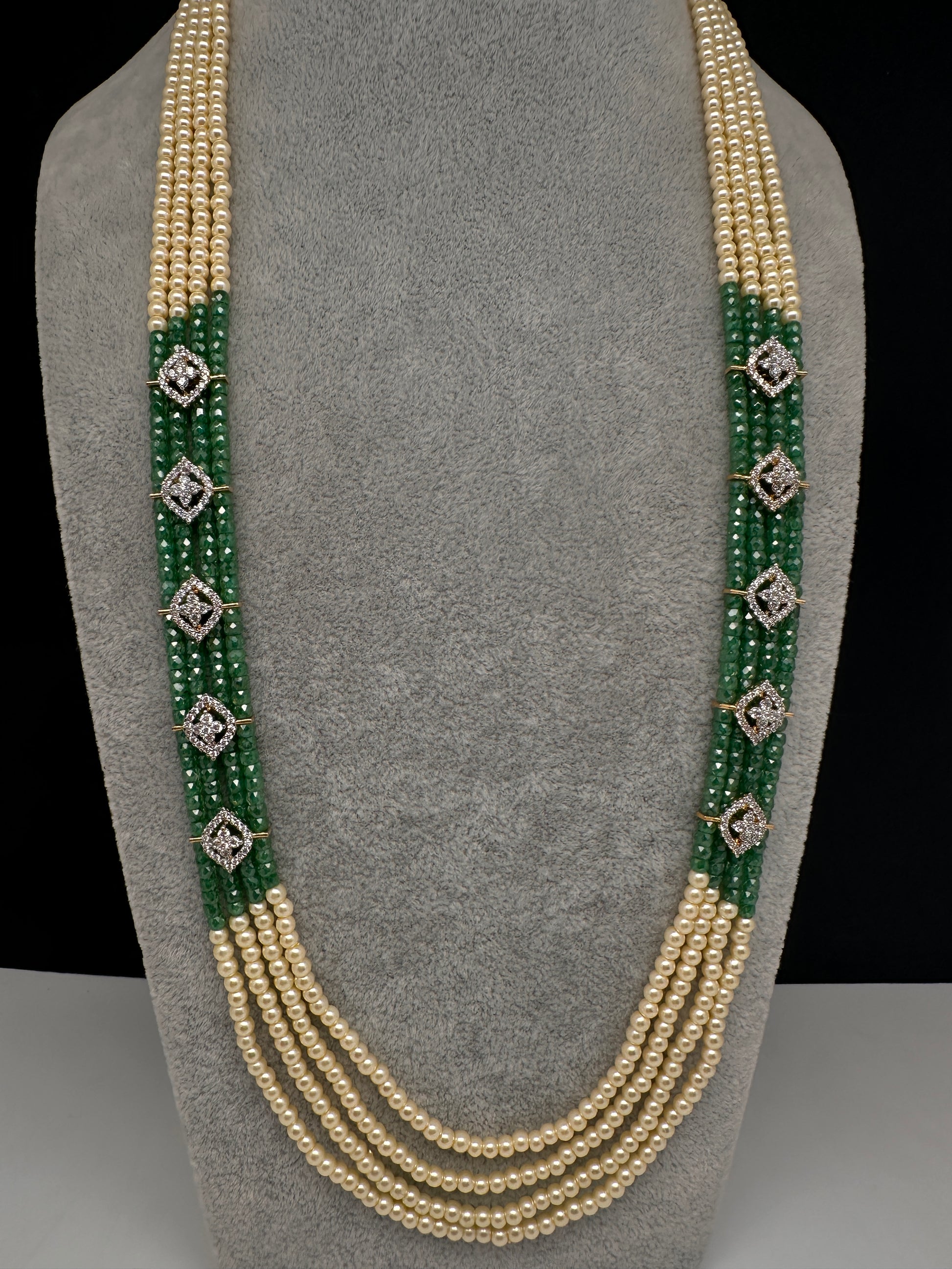 CZ Pearls Beads Long Necklace - Green
