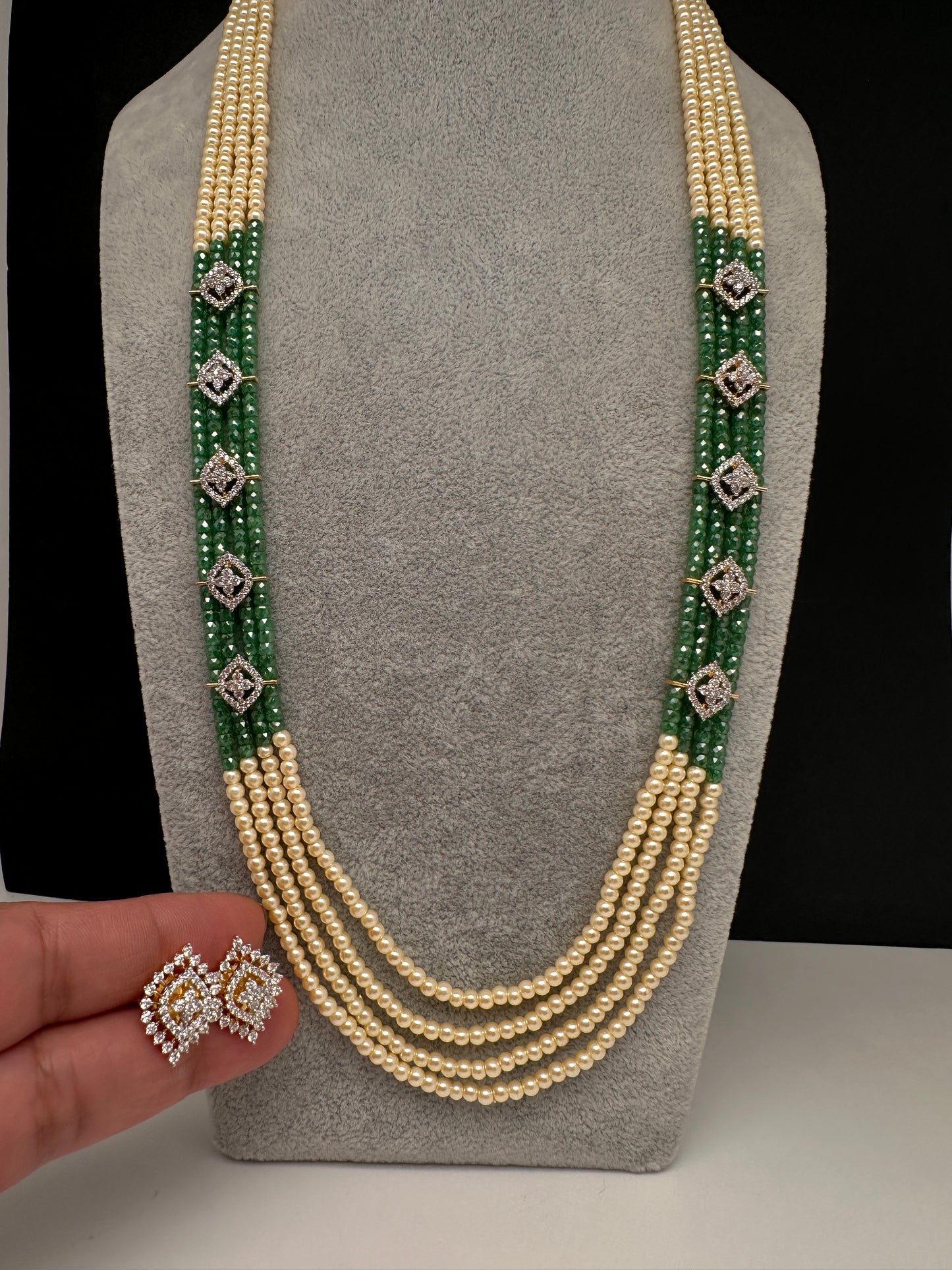 CZ Pearls Beads Long Necklace - Green