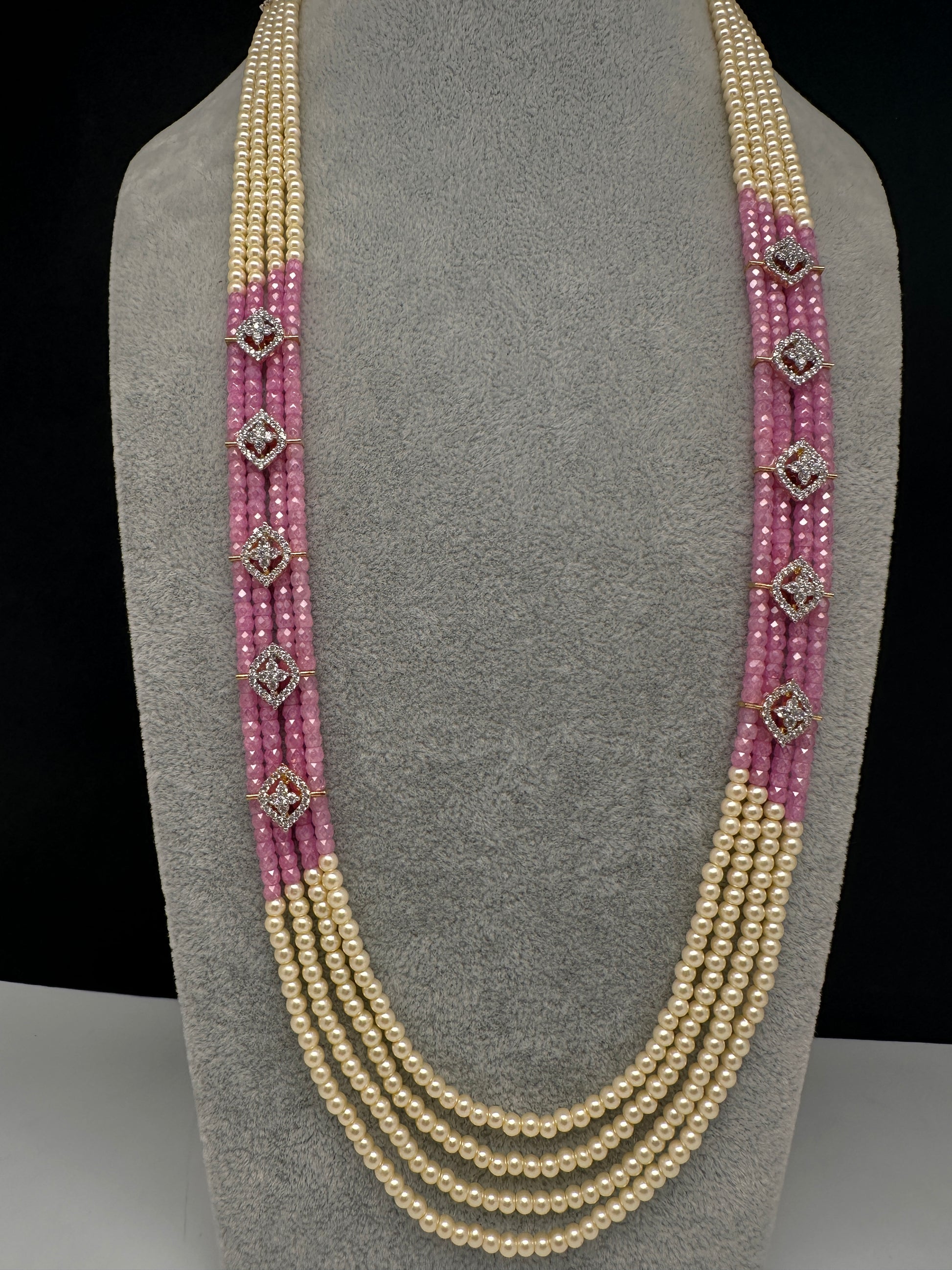 CZ Pearls Beads Long Necklace - LightPink
