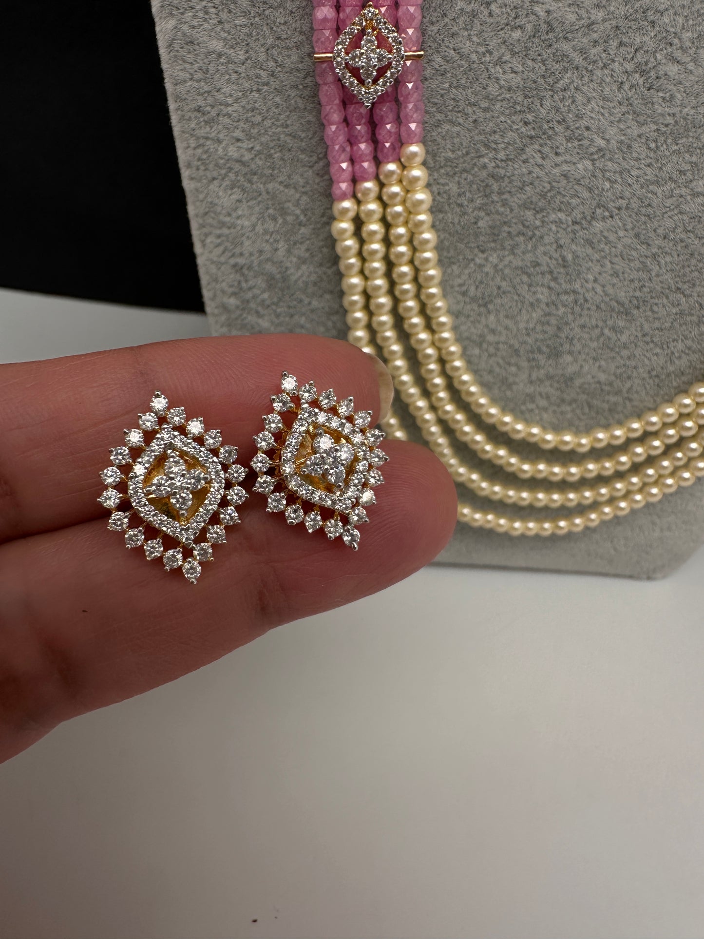 CZ Pearls Beads Long Necklace - LightPink
