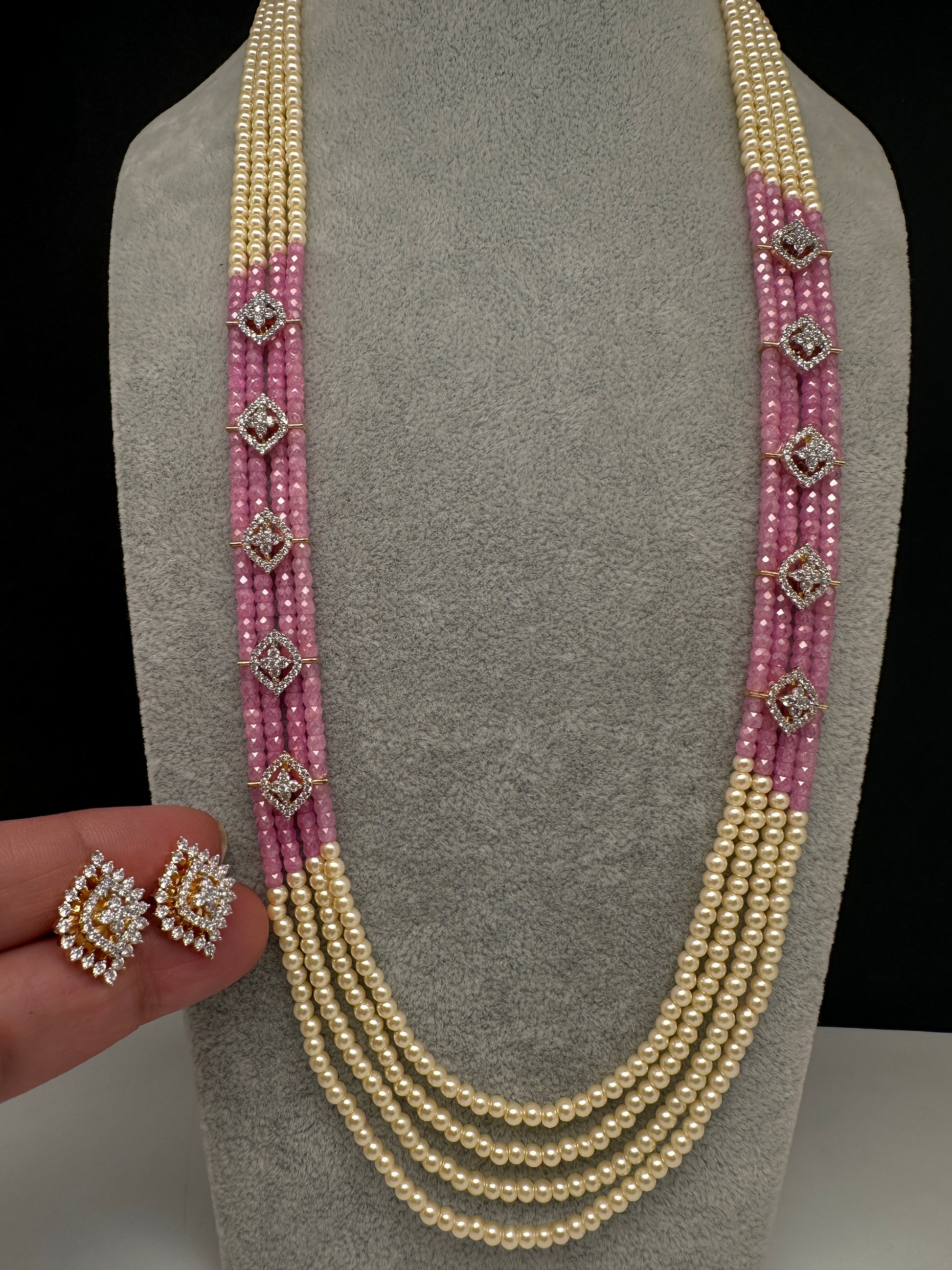 CZ Pearls Beads Long Necklace - LightPink