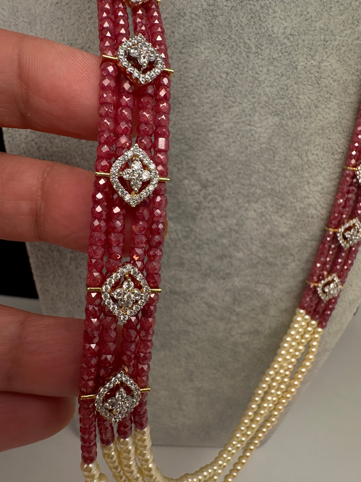 CZ Pearls Beads Long Necklace - MagentaPink