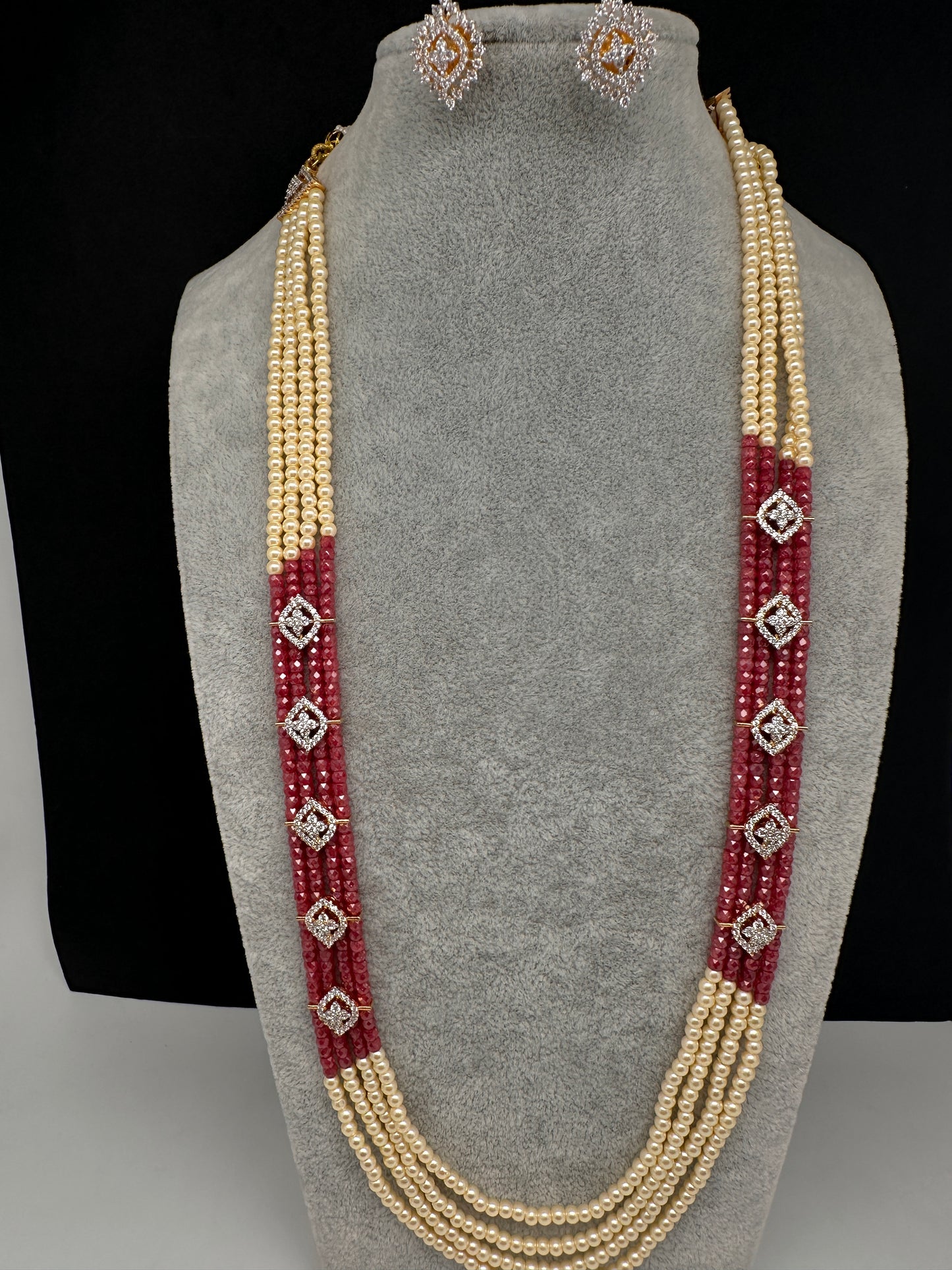 CZ Pearls Beads Long Necklace - MagentaPink