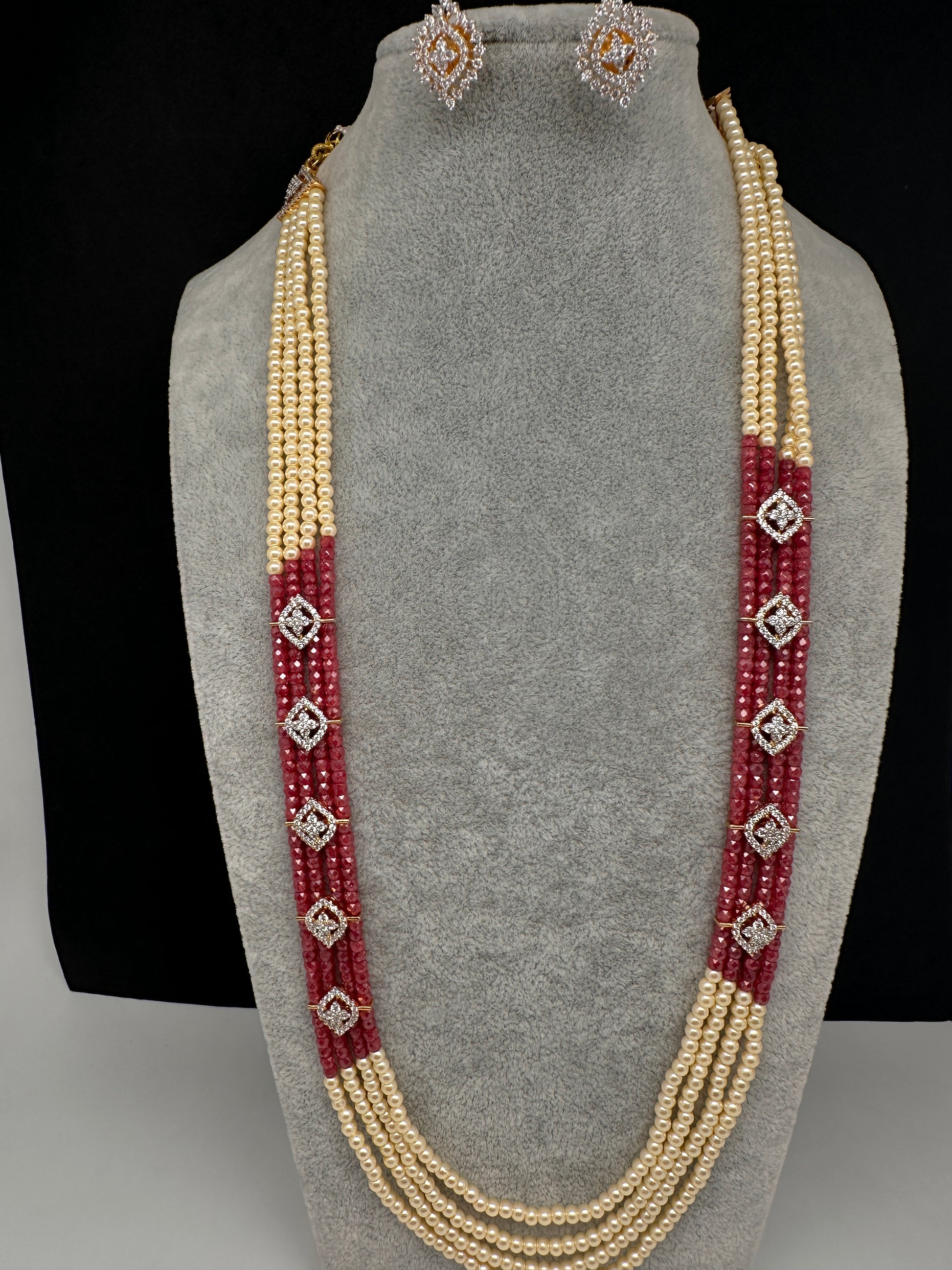 CZ Pearls Beads Long Necklace - MagentaPink