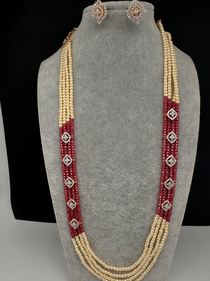 CZ Pearls Beads Long Necklace - MagentaPink