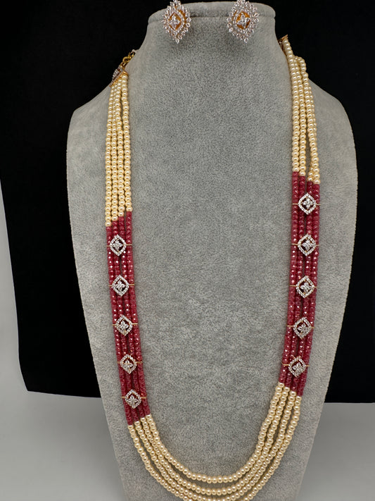 CZ Pearls Beads Long Necklace - MagentaPink