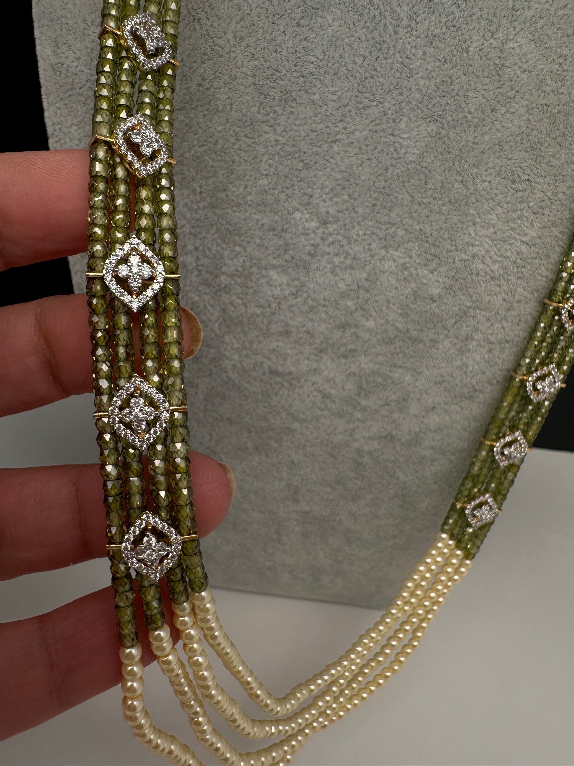 CZ Pearls Beads Long Necklace - OliveGreen