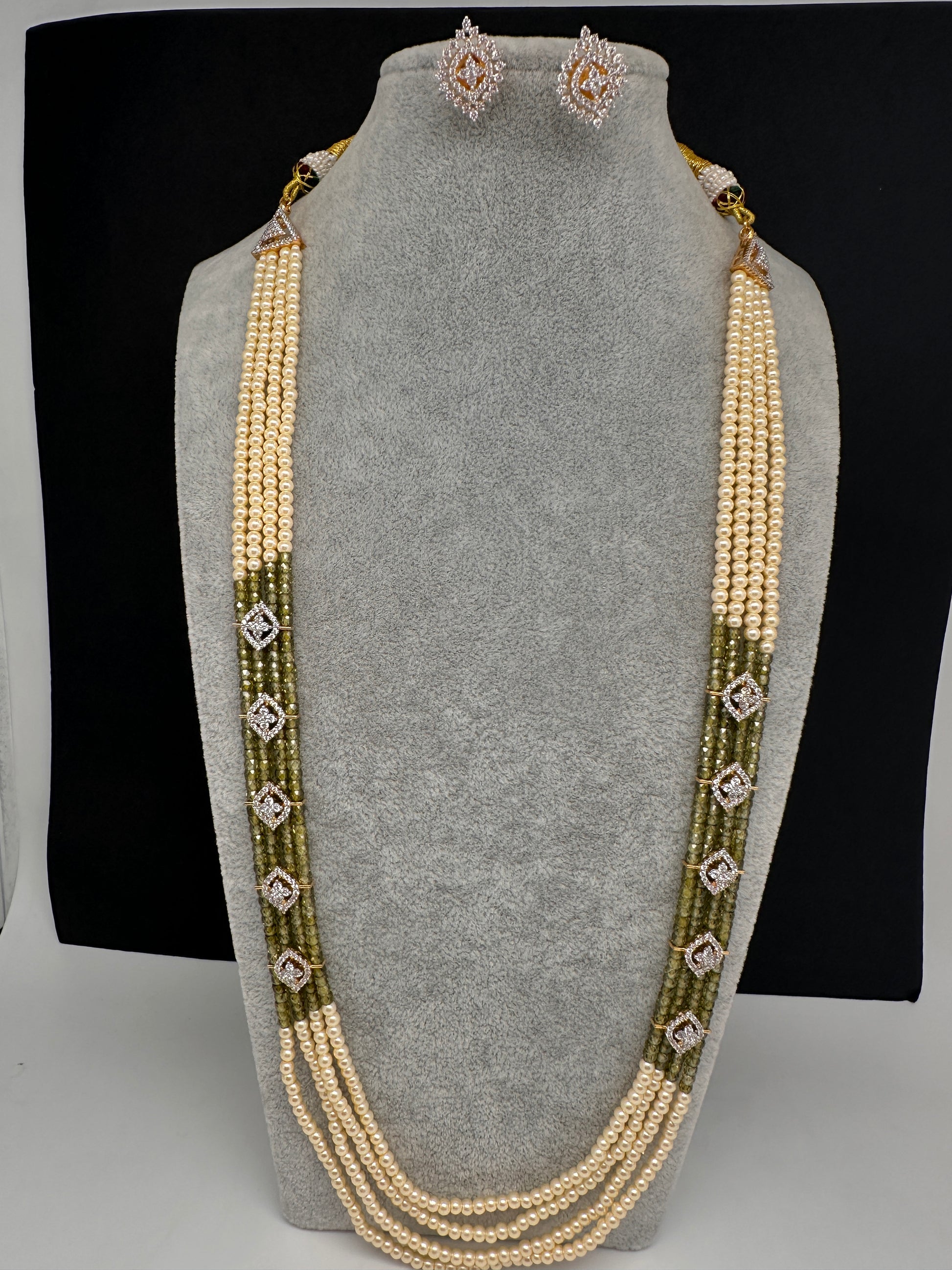CZ Pearls Beads Long Necklace - OliveGreen