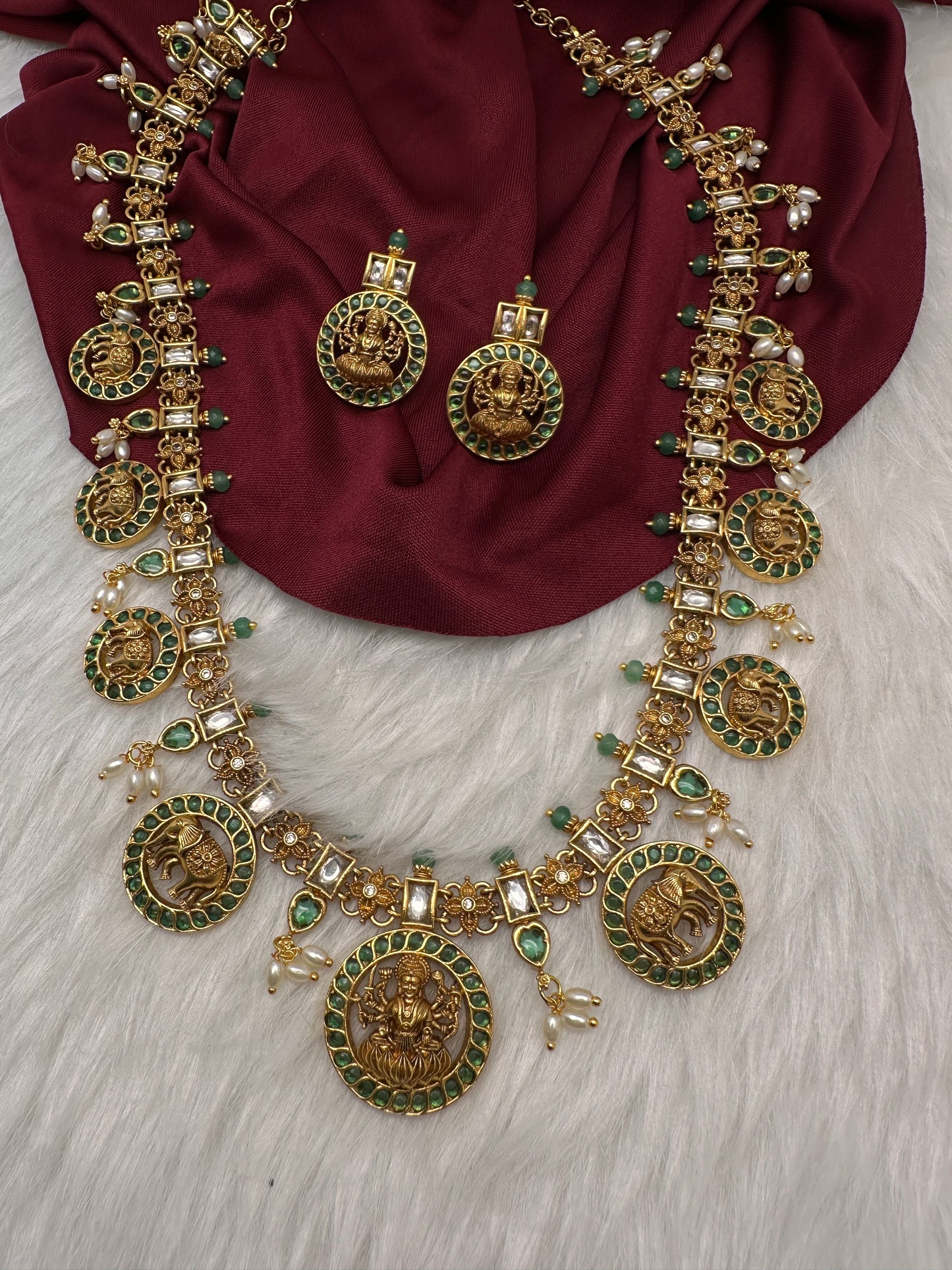 Matte Goddess Lakshmi Elephant Long Necklace - Green