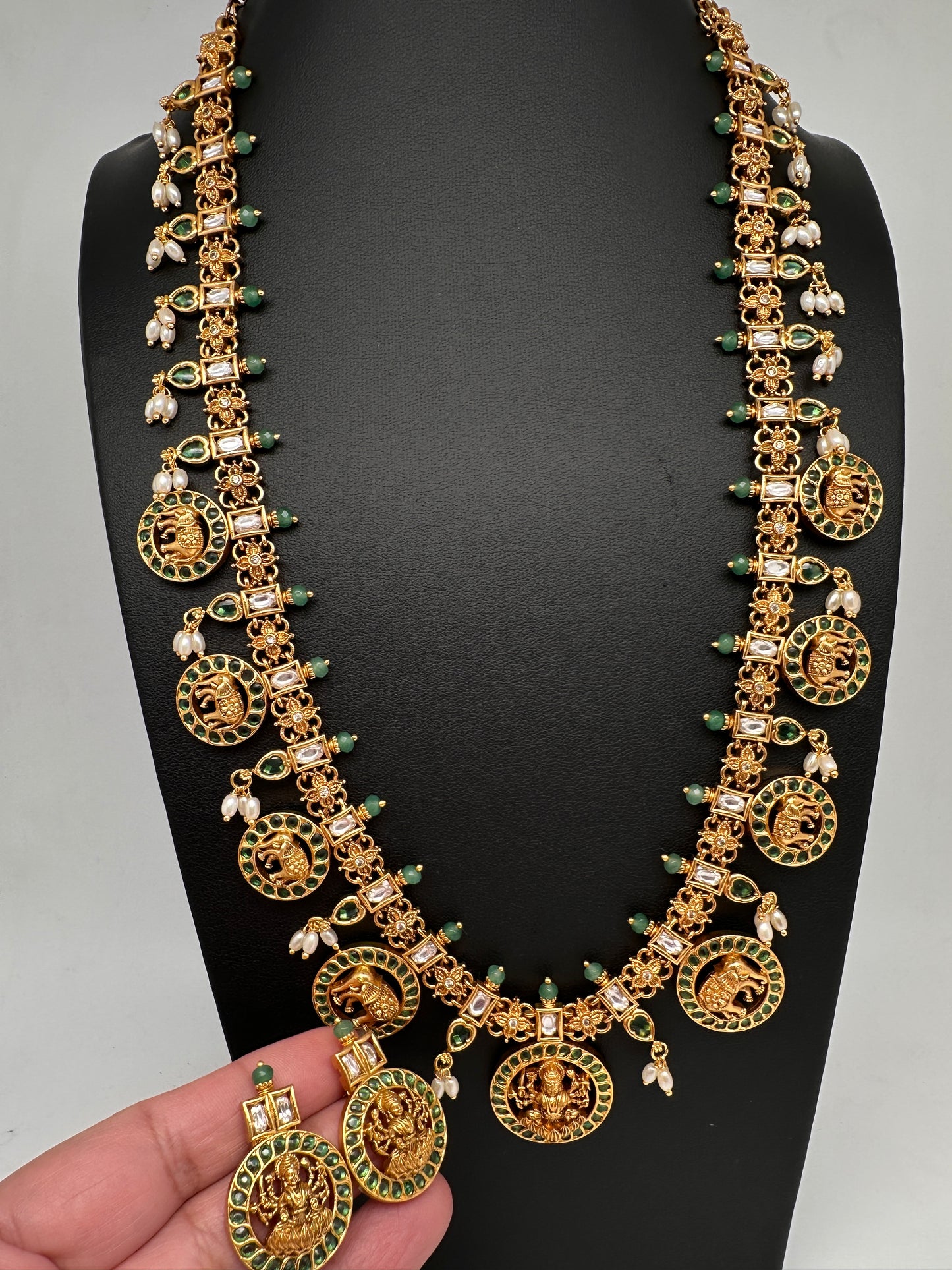 Matte Goddess Lakshmi Elephant Long Necklace - Green