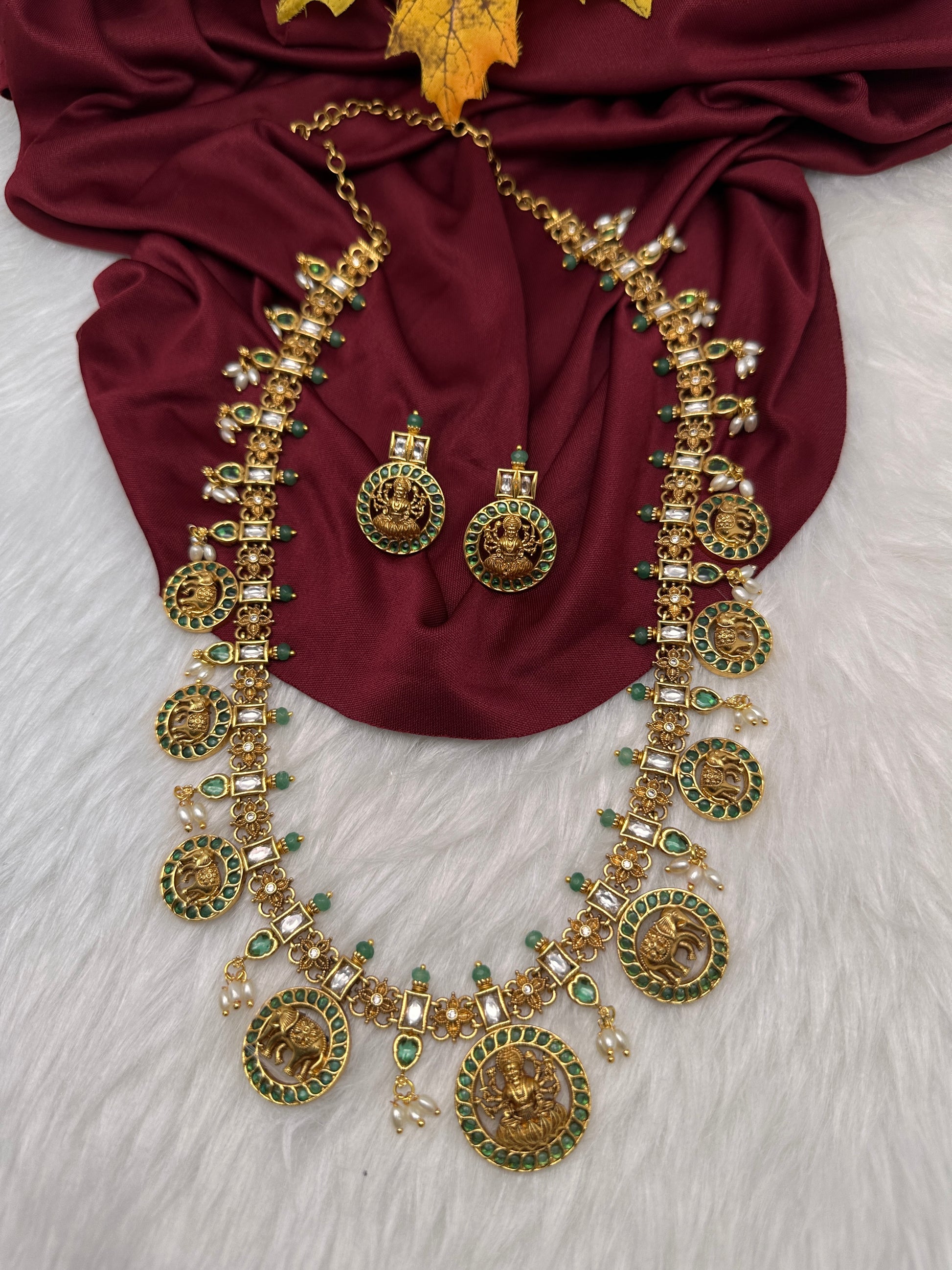 Matte Goddess Lakshmi Elephant Long Necklace - Green