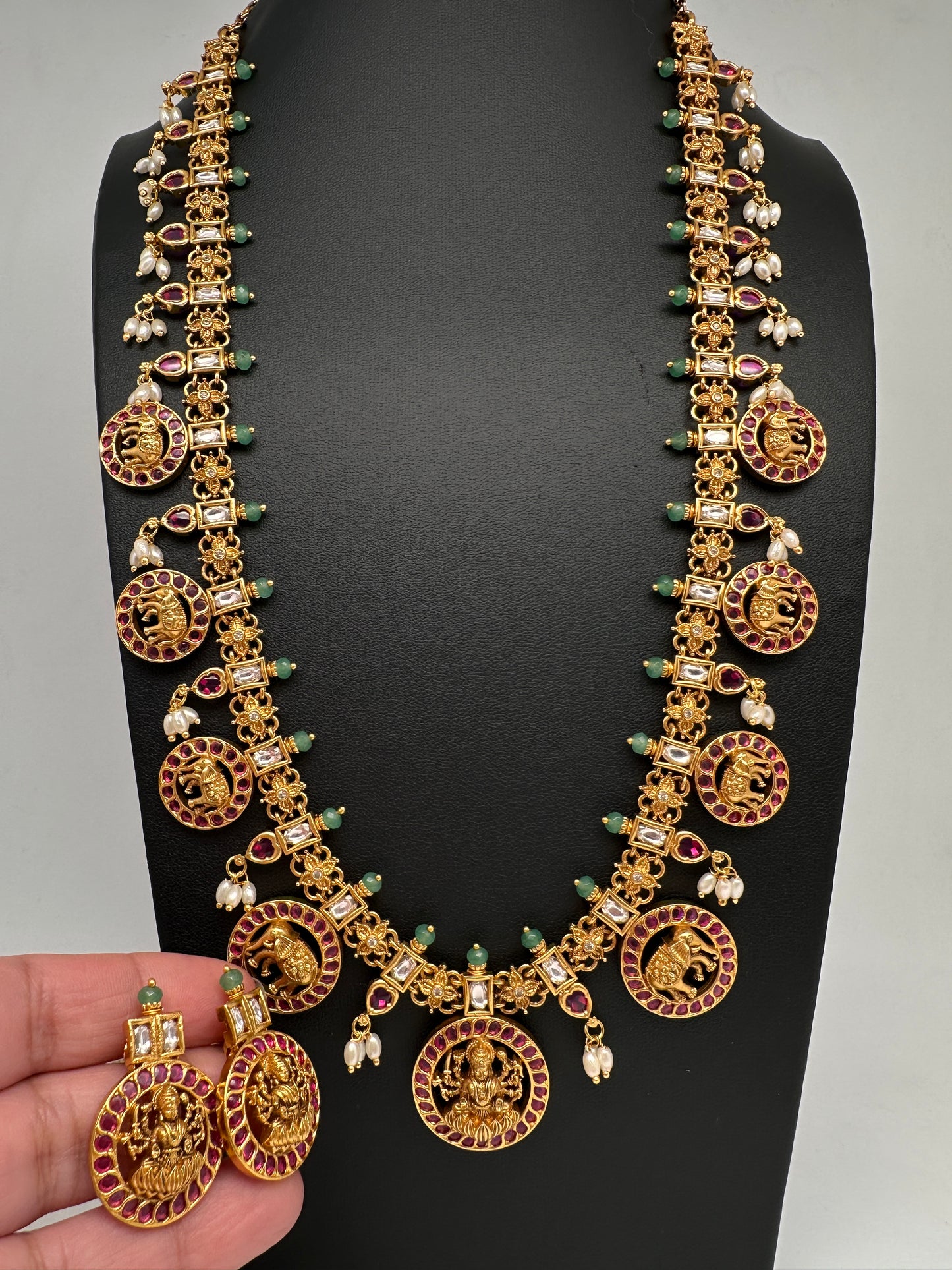Matte Goddess Lakshmi Elephant Long Necklace - Red