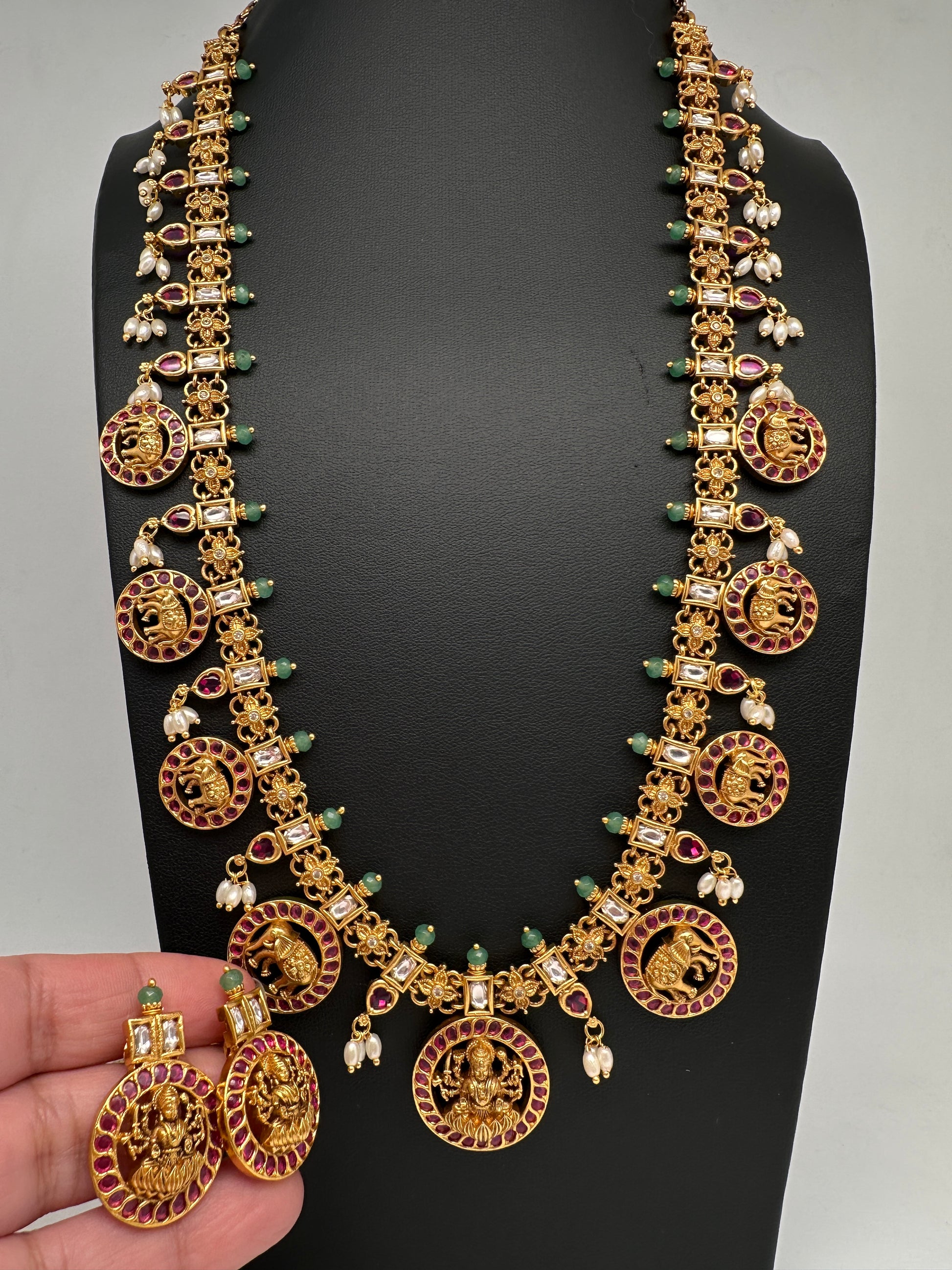 Matte Goddess Lakshmi Elephant Long Necklace - Red