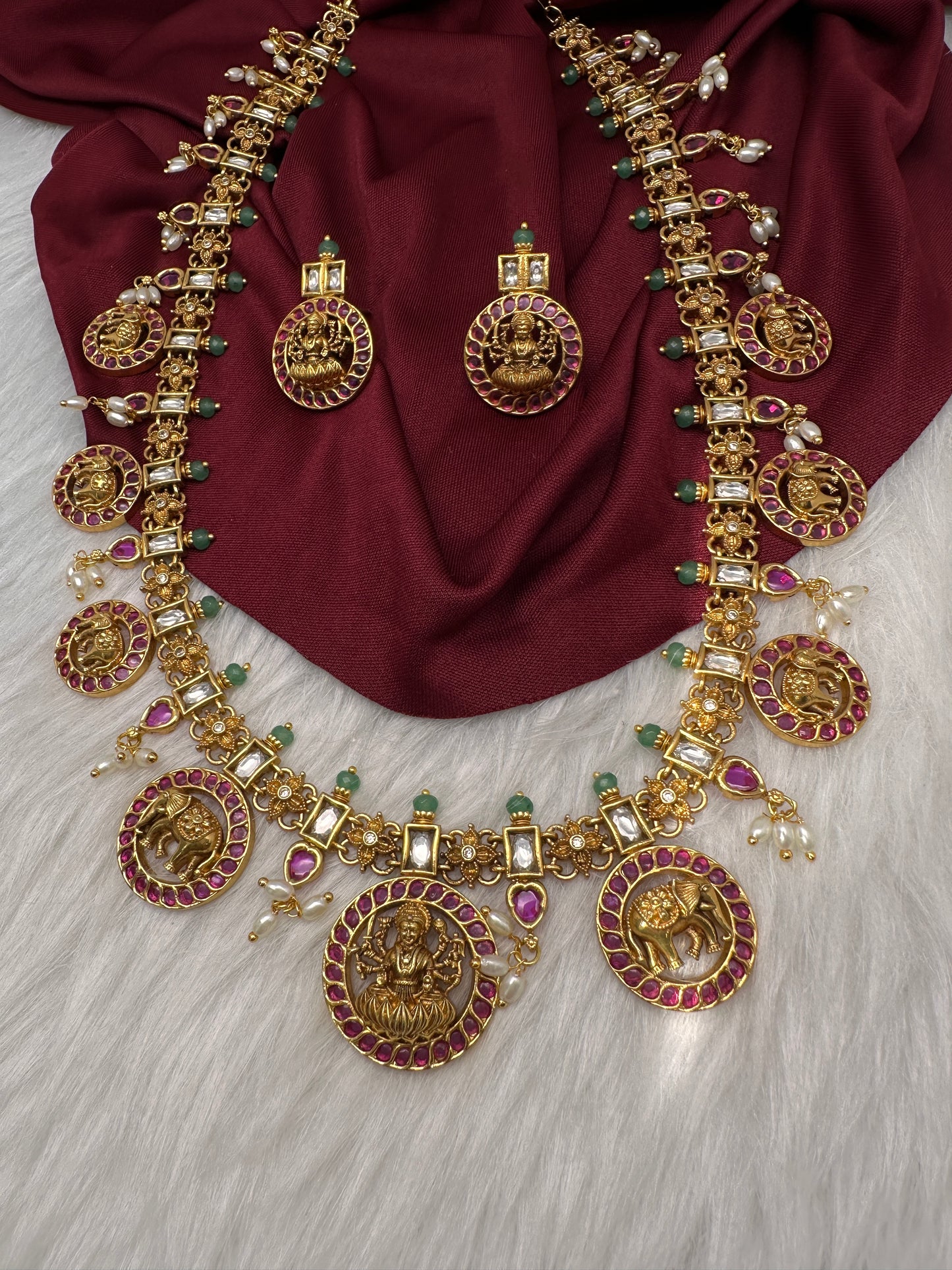 Matte Goddess Lakshmi Elephant Long Necklace - Red