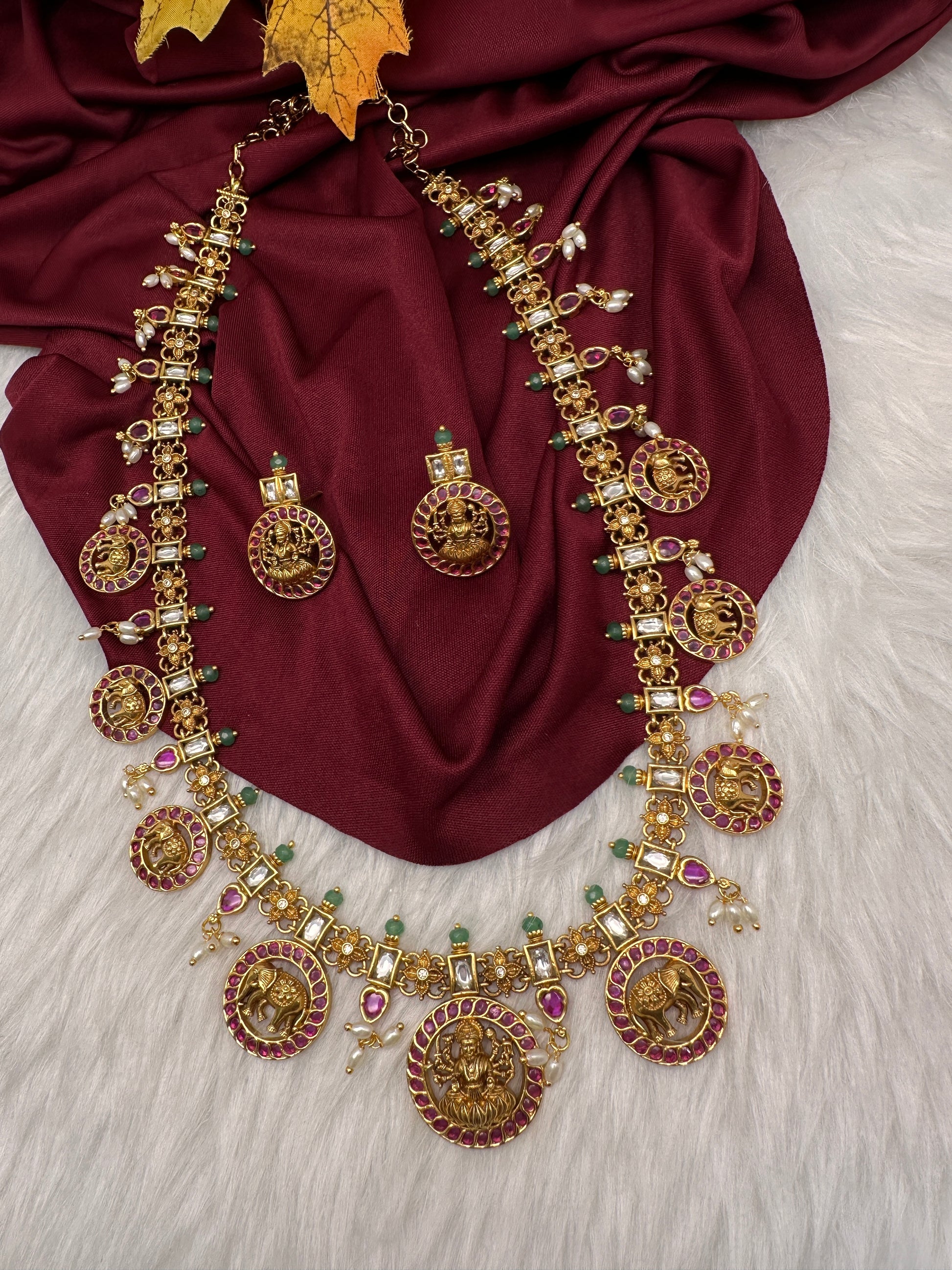Matte Goddess Lakshmi Elephant Long Necklace - Red