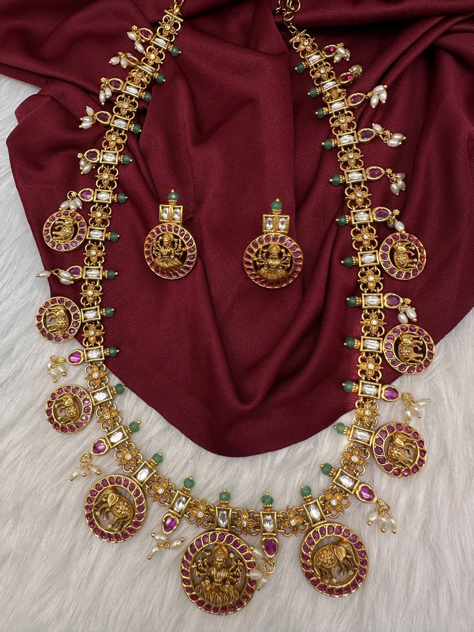 Matte Goddess Lakshmi Elephant Long Necklace - Red
