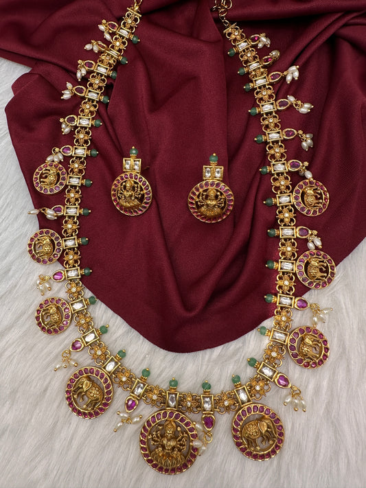 Matte Goddess Lakshmi Elephant Long Necklace - Red