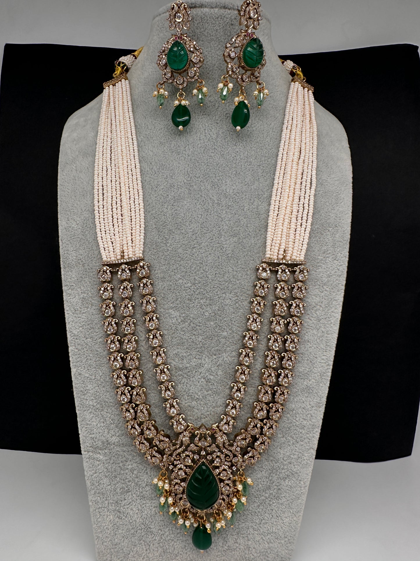 CZ Beads Carved Stone Multi Layer Long  Necklace - Green