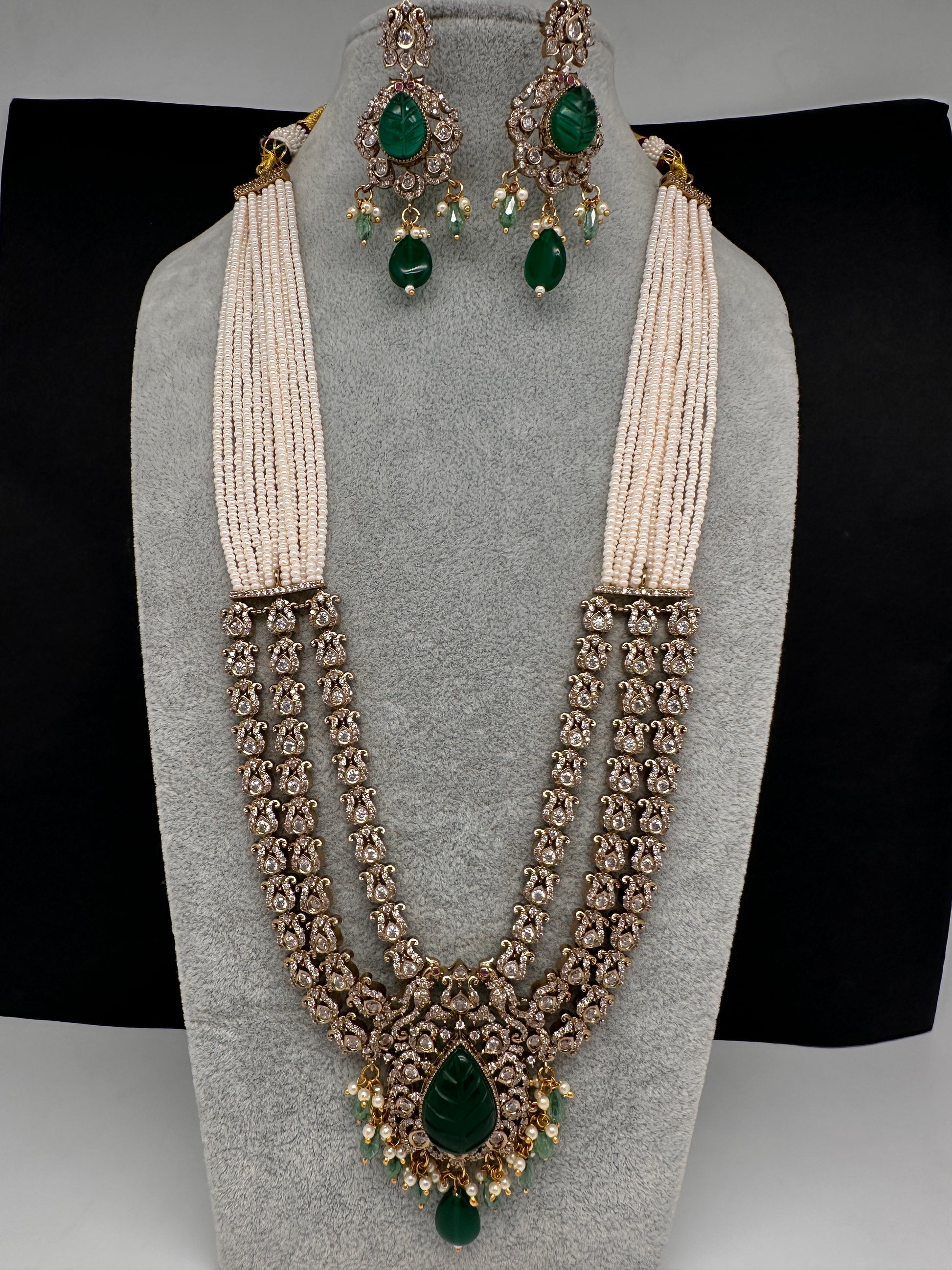 CZ Beads Carved Stone Multi Layer Long  Necklace - Green