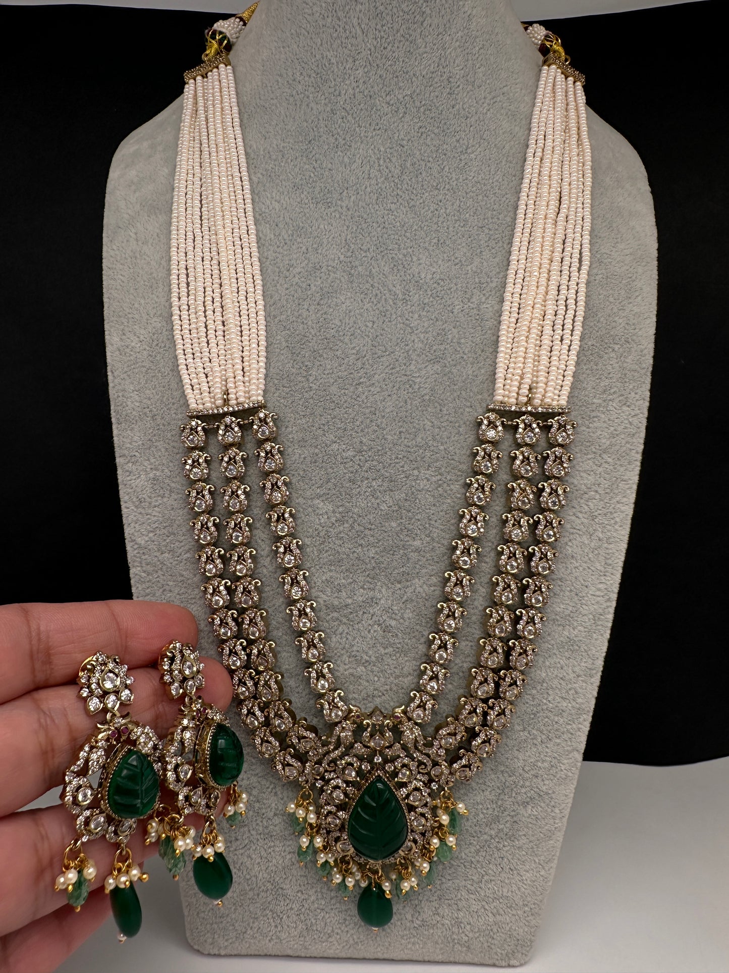 CZ Beads Carved Stone Multi Layer Long  Necklace - Green