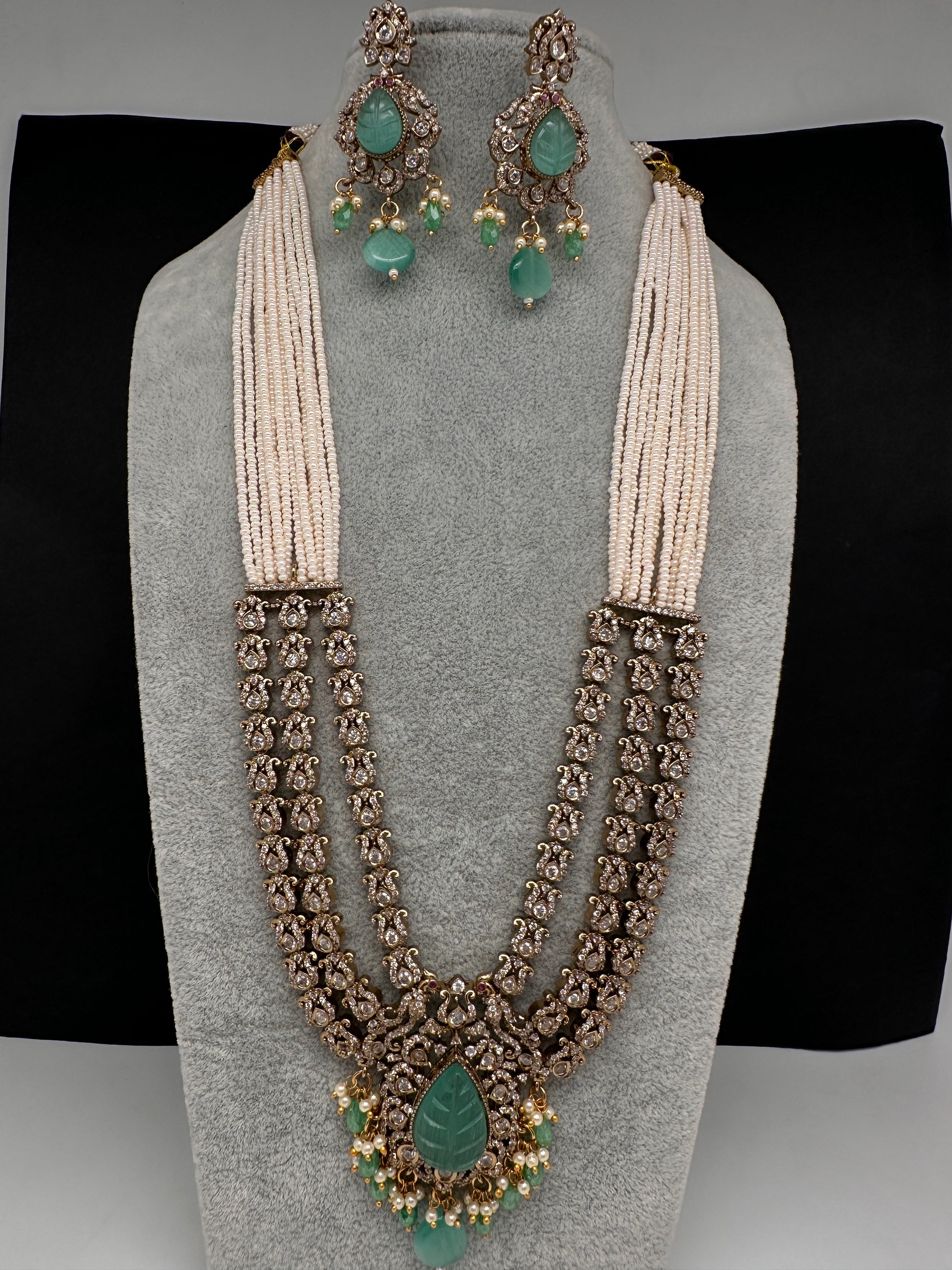 CZ Beads Carved Stone Multi Layer Long  Necklace - MintGreen