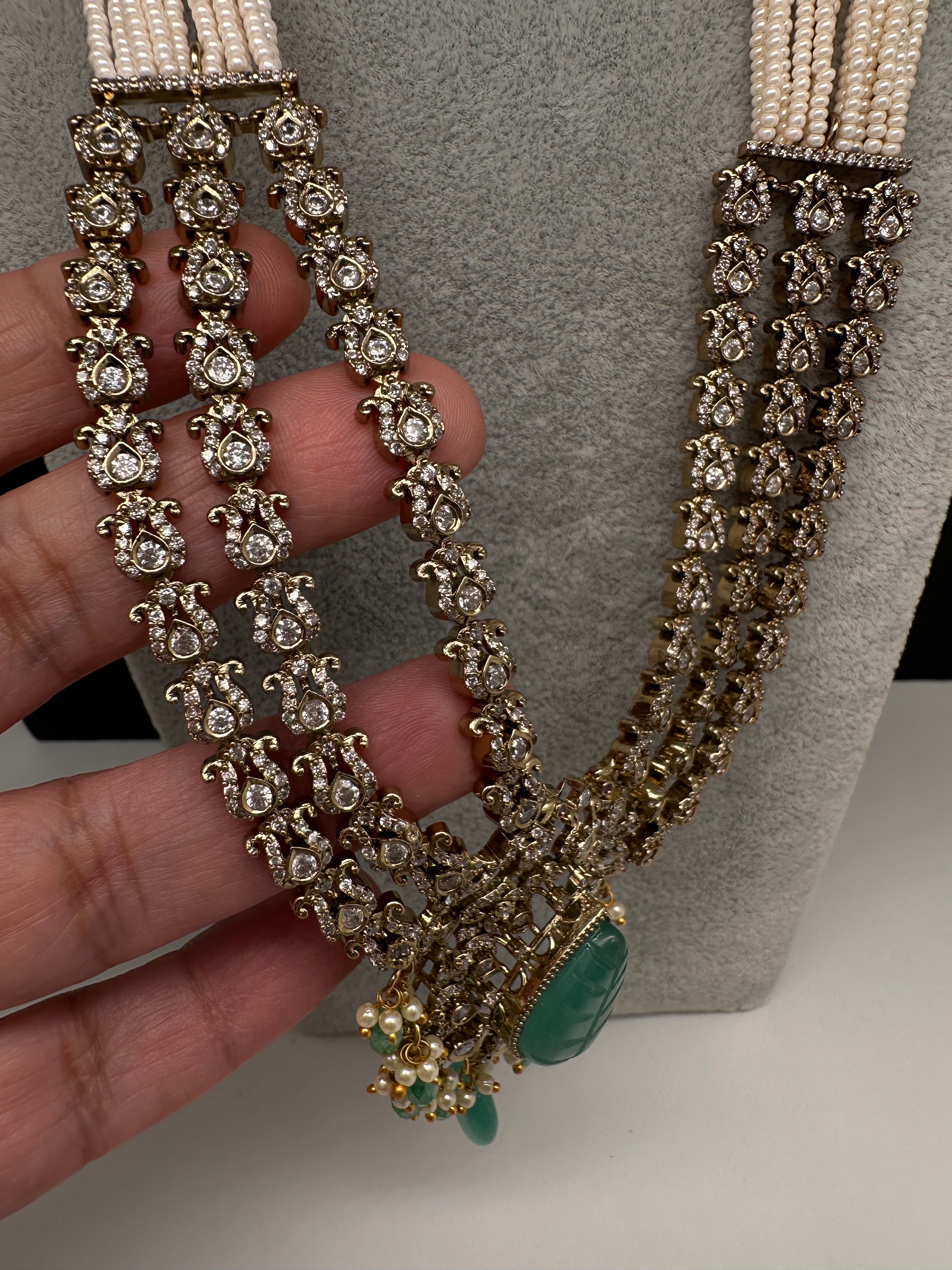 CZ Beads Carved Stone Multi Layer Long  Necklace - MintGreen