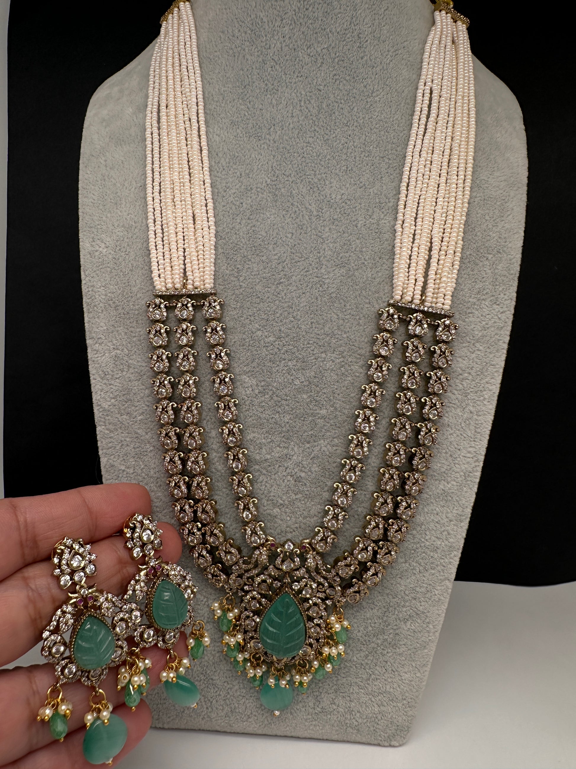 CZ Beads Carved Stone Multi Layer Long  Necklace - MintGreen