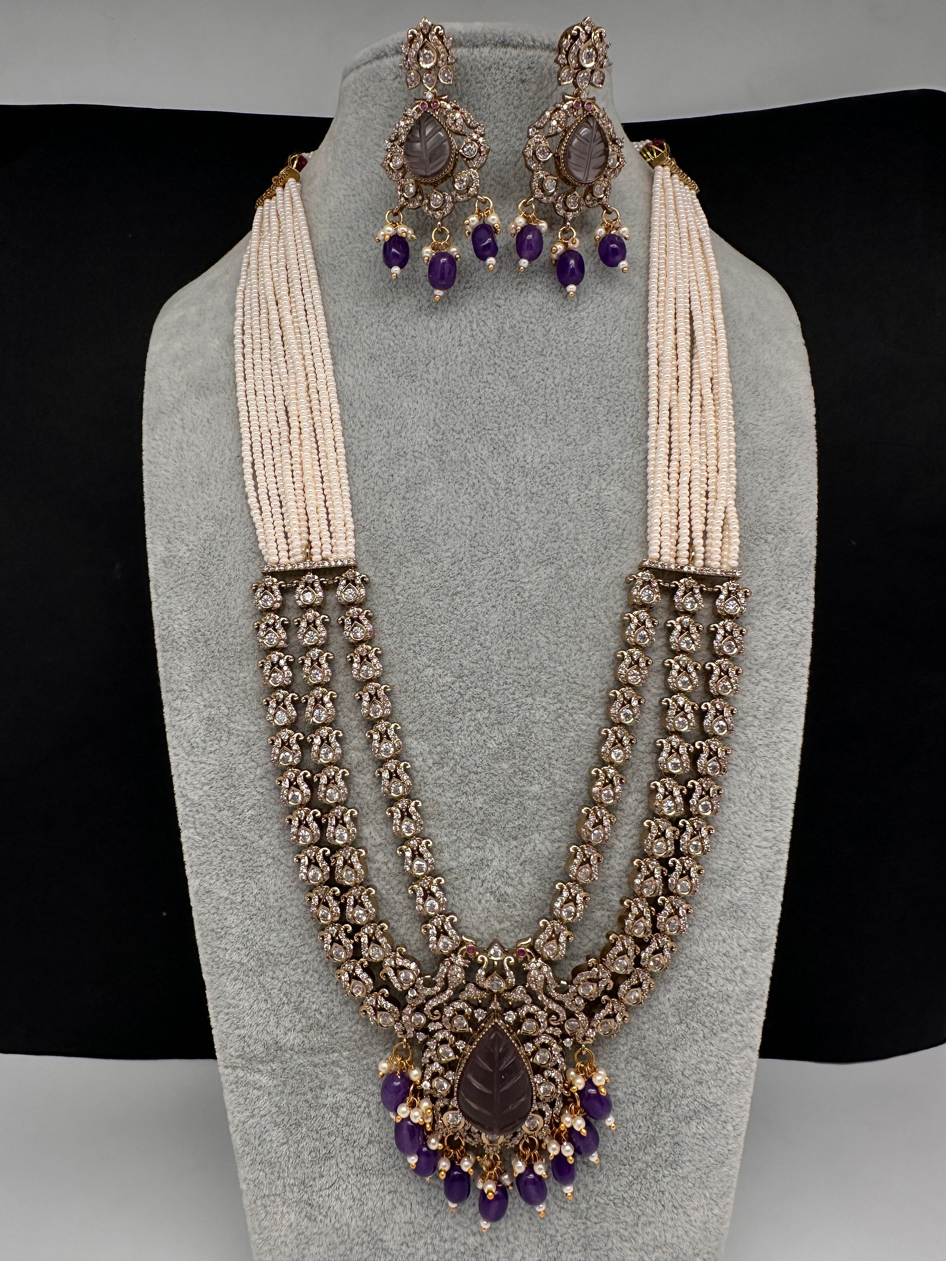 CZ Beads Carved Stone Multi Layer Long  Necklace - Purple