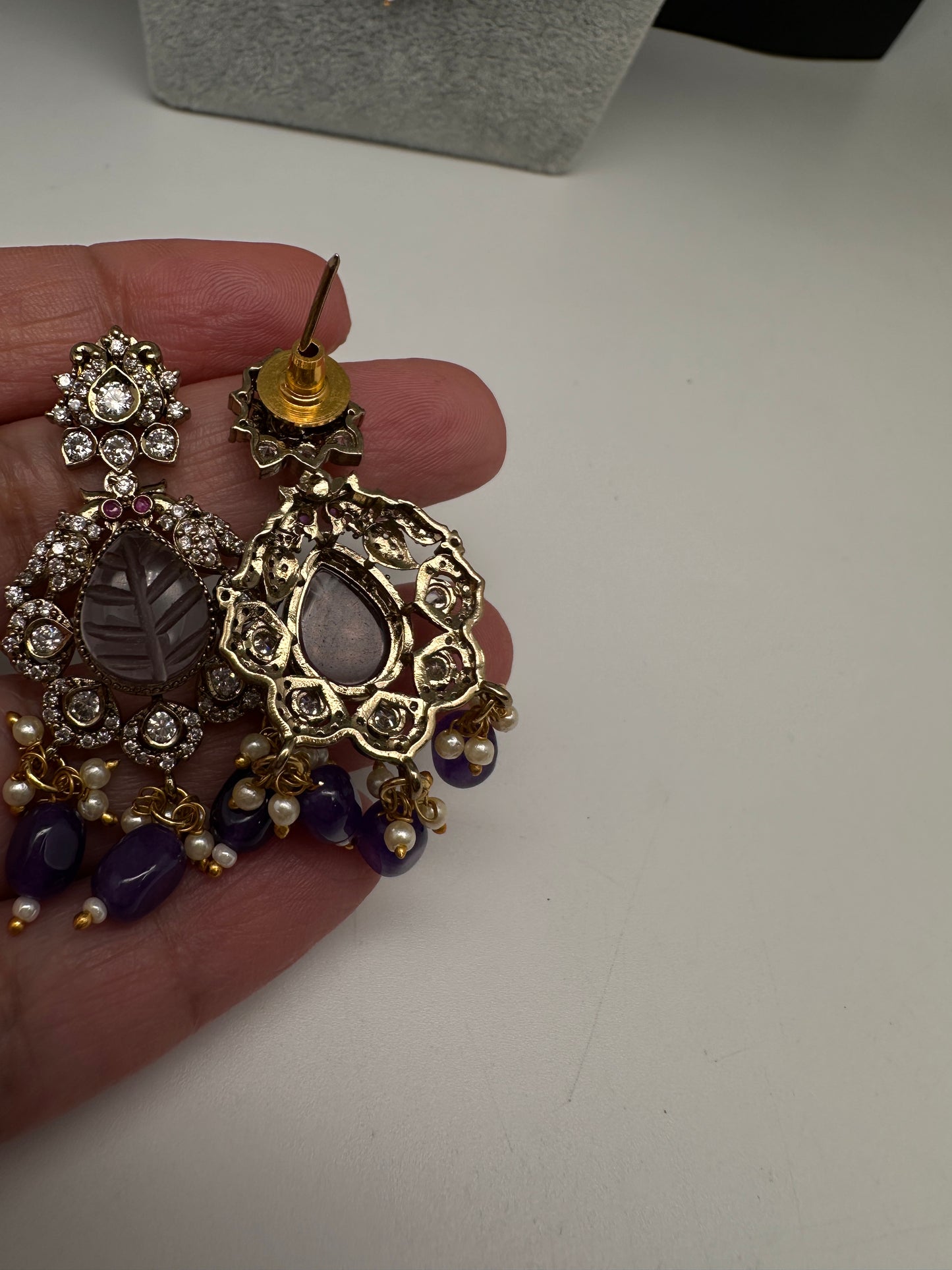 CZ Beads Carved Stone Multi Layer Long  Necklace - Purple
