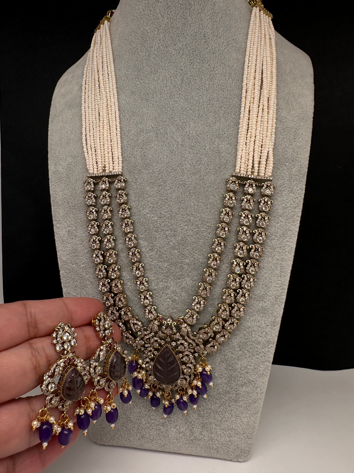 CZ Beads Carved Stone Multi Layer Long  Necklace - Purple