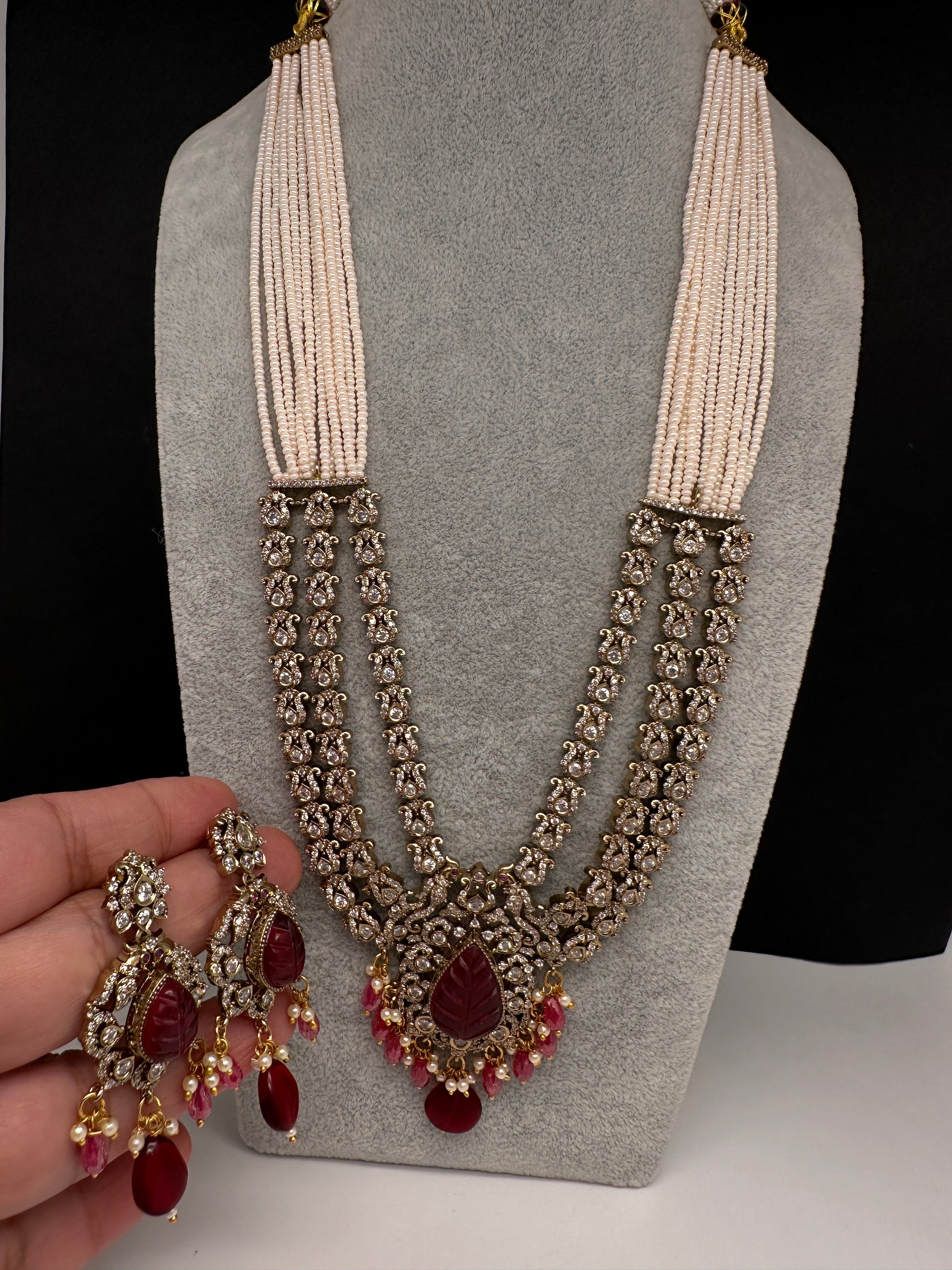 CZ Beads Carved Stone Multi Layer Long  Necklace - Red