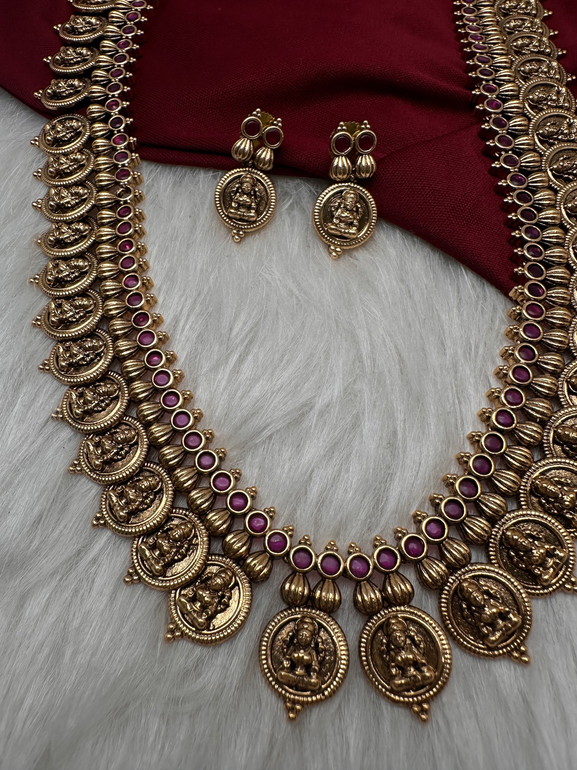Matte Goddess Lakshmi Kassu Coin Long Antique Matte Necklace - 