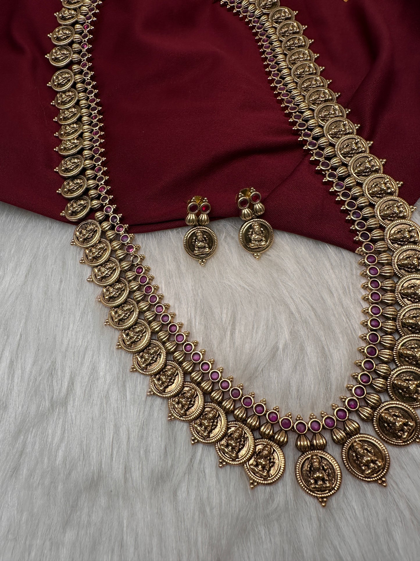 Matte Goddess Lakshmi Kassu Coin Long Antique Matte Necklace - 