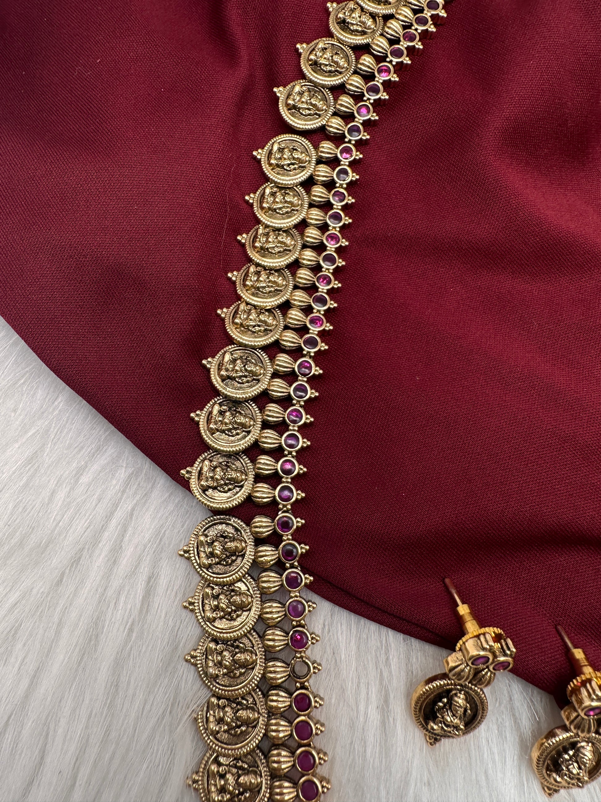Matte Goddess Lakshmi Kassu Coin Long Antique Matte Necklace - 