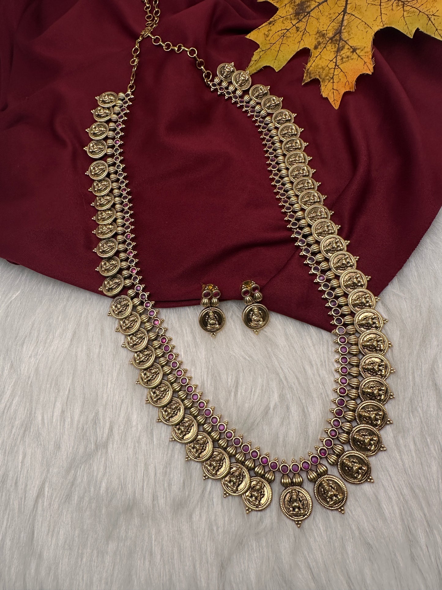 Matte Goddess Lakshmi Kassu Coin Long Antique Matte Necklace - 